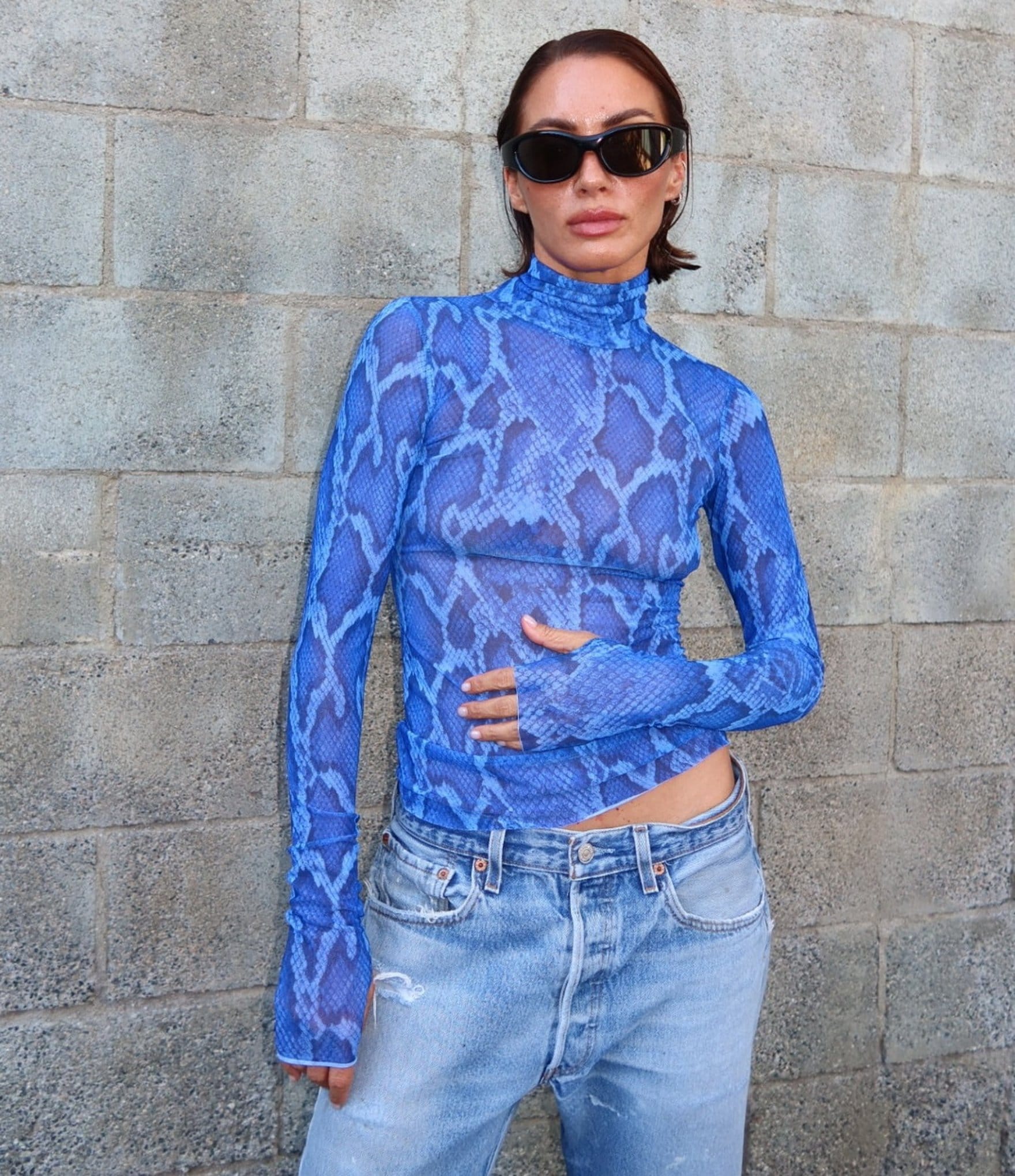 AFRM Coordinating Zadie Snake Printed Mock Neck Long Sleeve Mesh Top