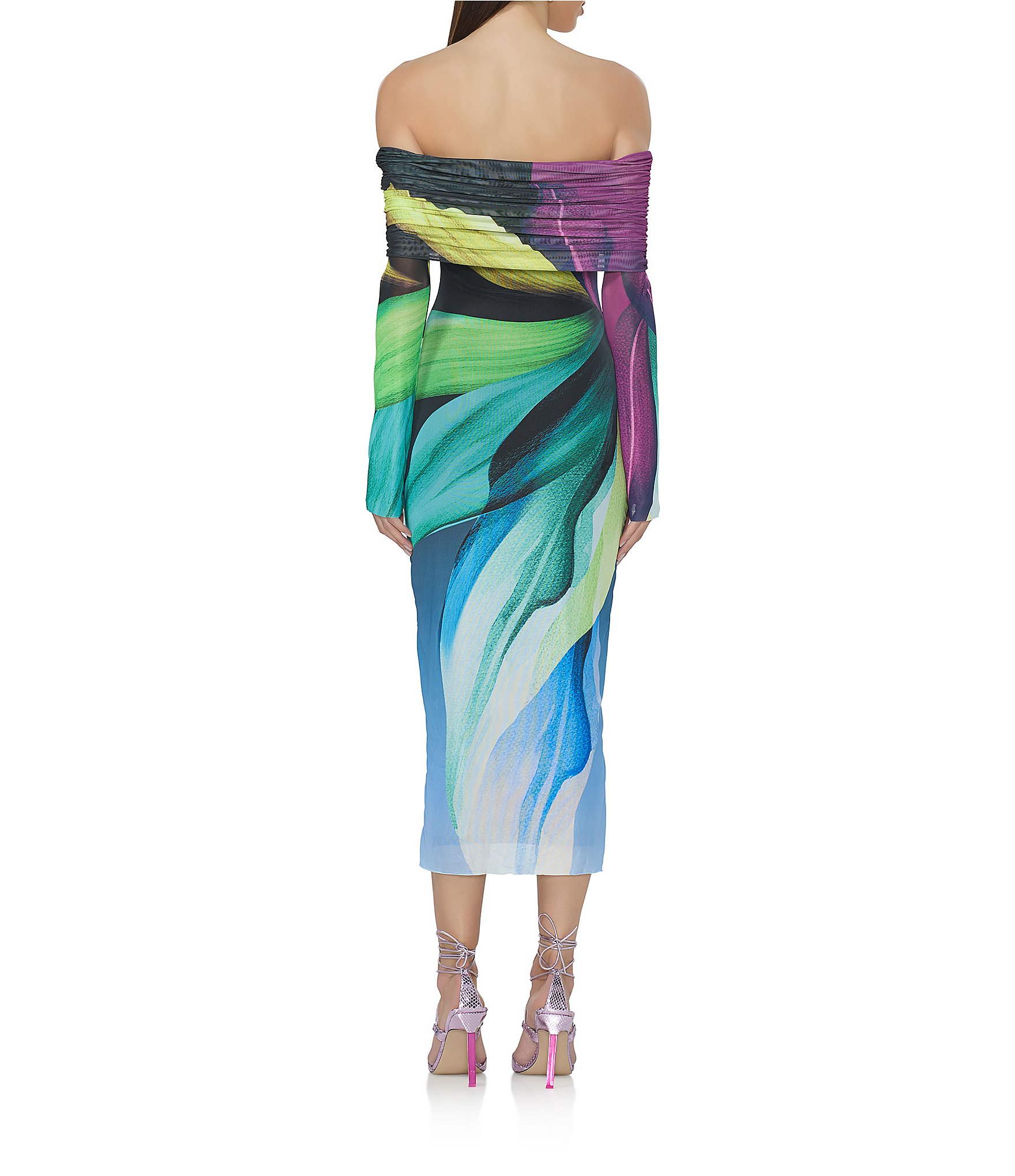 AFRM Cornelia Printed Off the Shoulder Long Sleeve Mesh Midi Dress