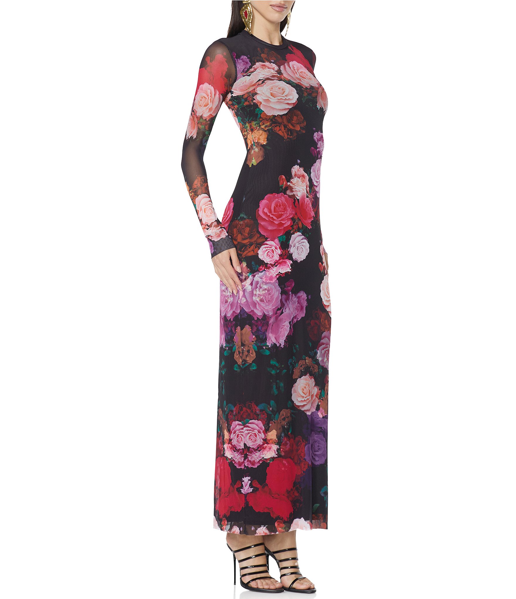 AFRM Didi Rose Printed Crew Neck Long Sleeve Mesh Maxi Dress