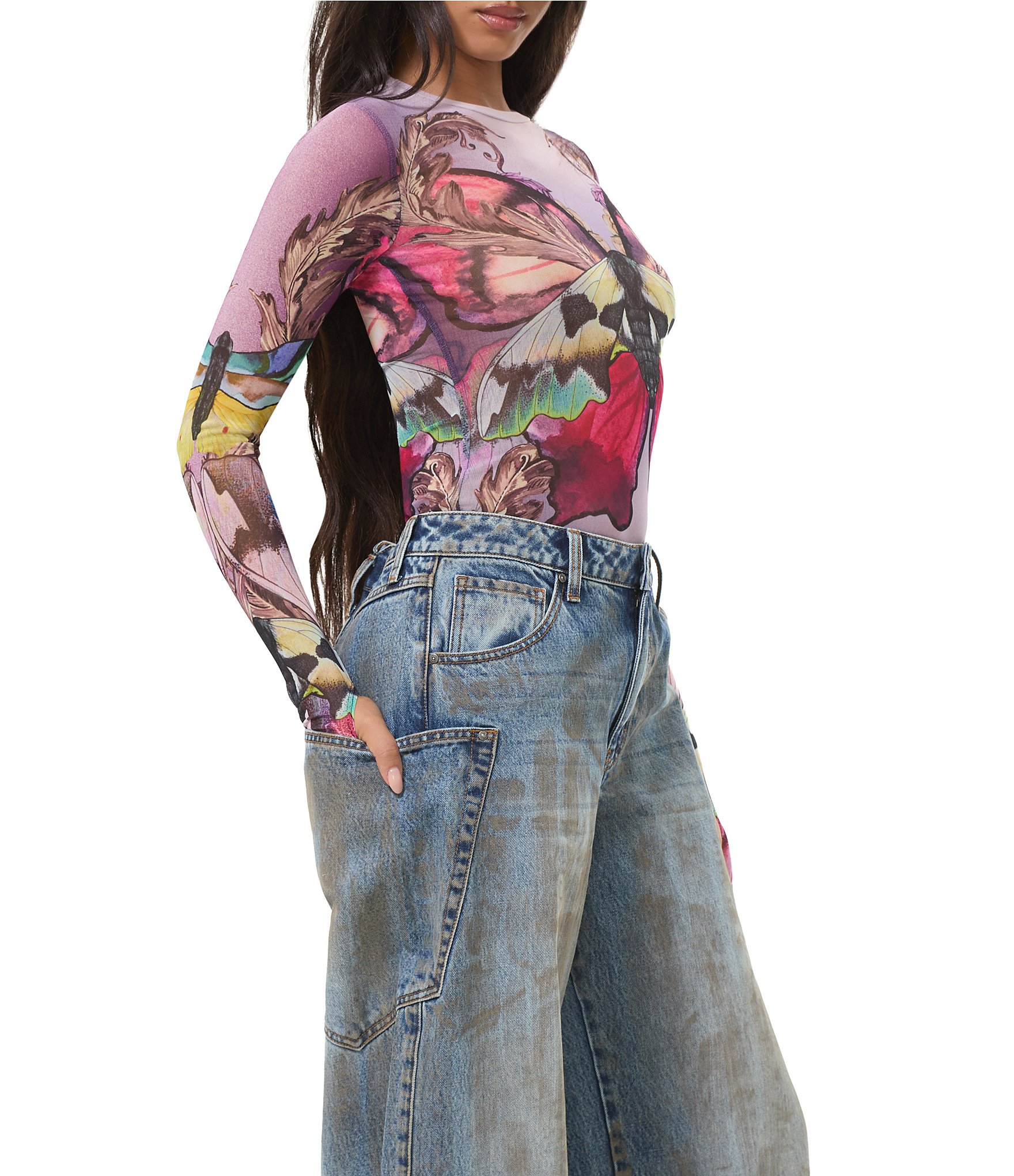 AFRM Kaylee Butterfly Printed Crew Neck Long Sleeve Mesh Top