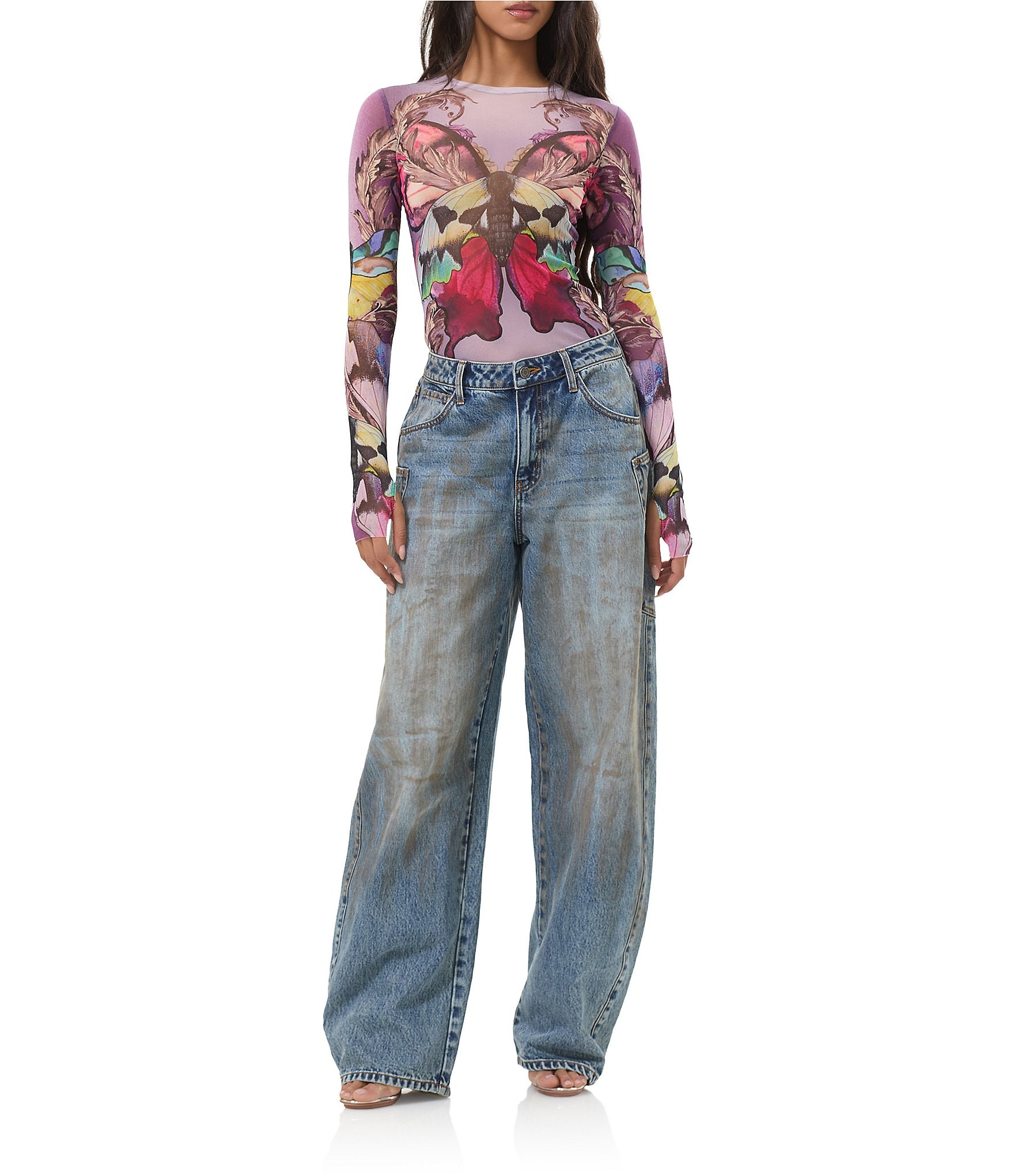 AFRM Kaylee Butterfly Printed Crew Neck Long Sleeve Mesh Top