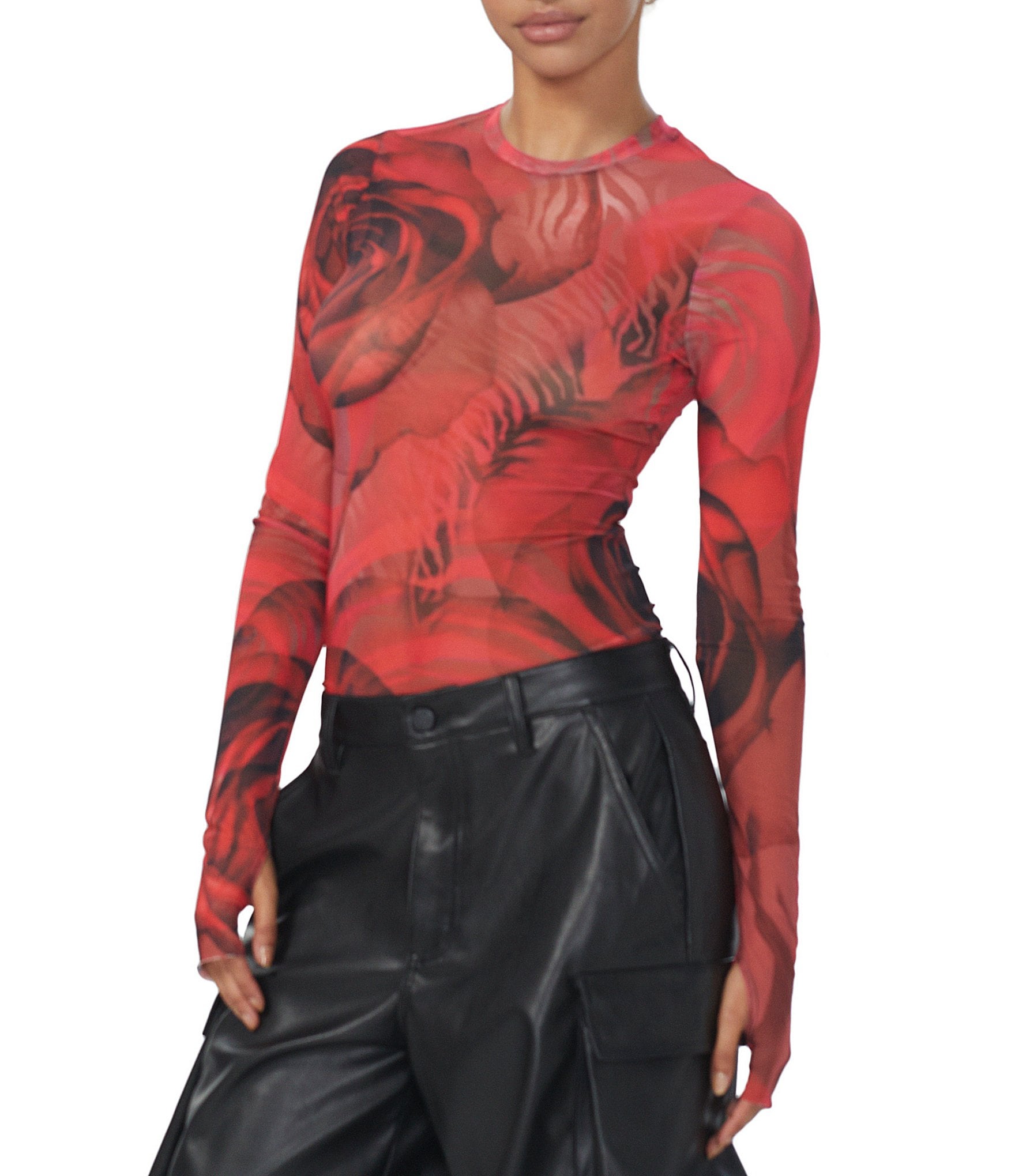 AFRM Kaylee Floral Sleeve Power Long Shirt Printed Neck Dillard\'s Mesh | Crew