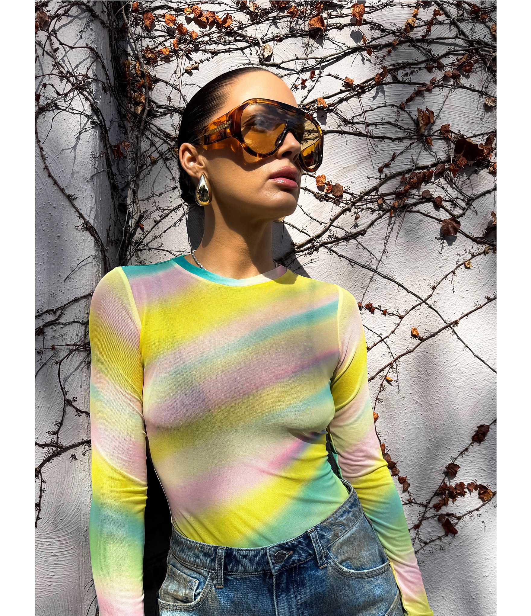 AFRM Kaylee Rainbow Print Crew Neck Long Sleeve Mesh Top