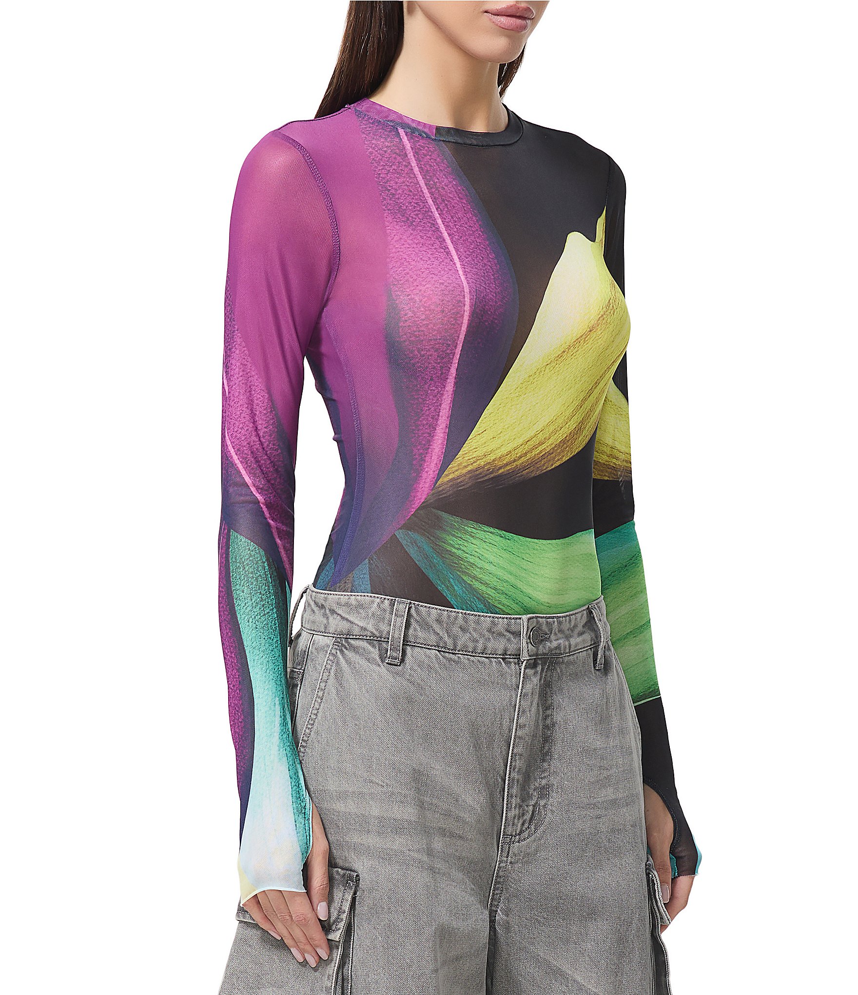 AFRM Kaylee Printed Crew Neck Long Sleeve Mesh Top | Dillard's