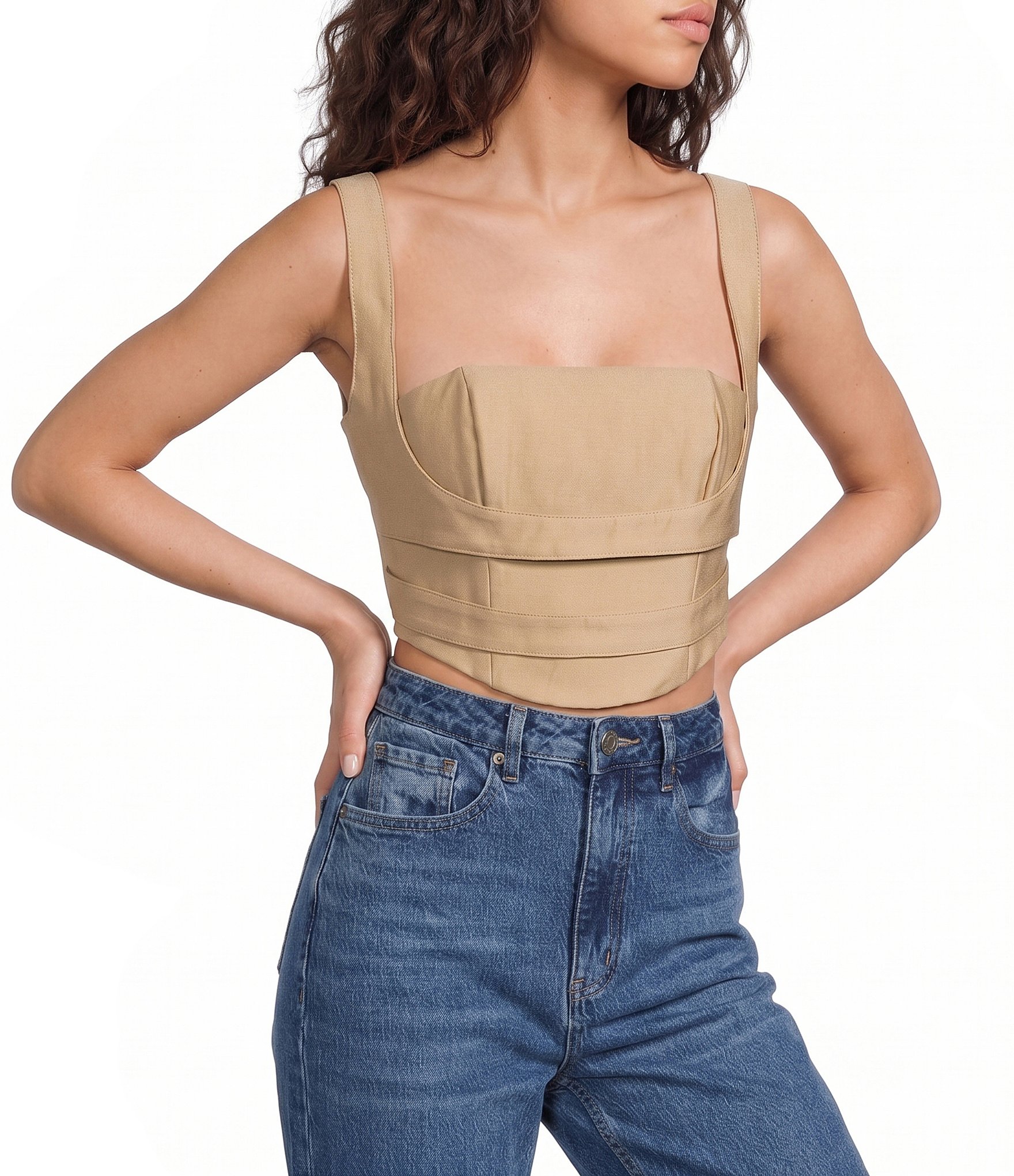 AFRM Kendra Square Neck Sleeveless Twill Bustier Top