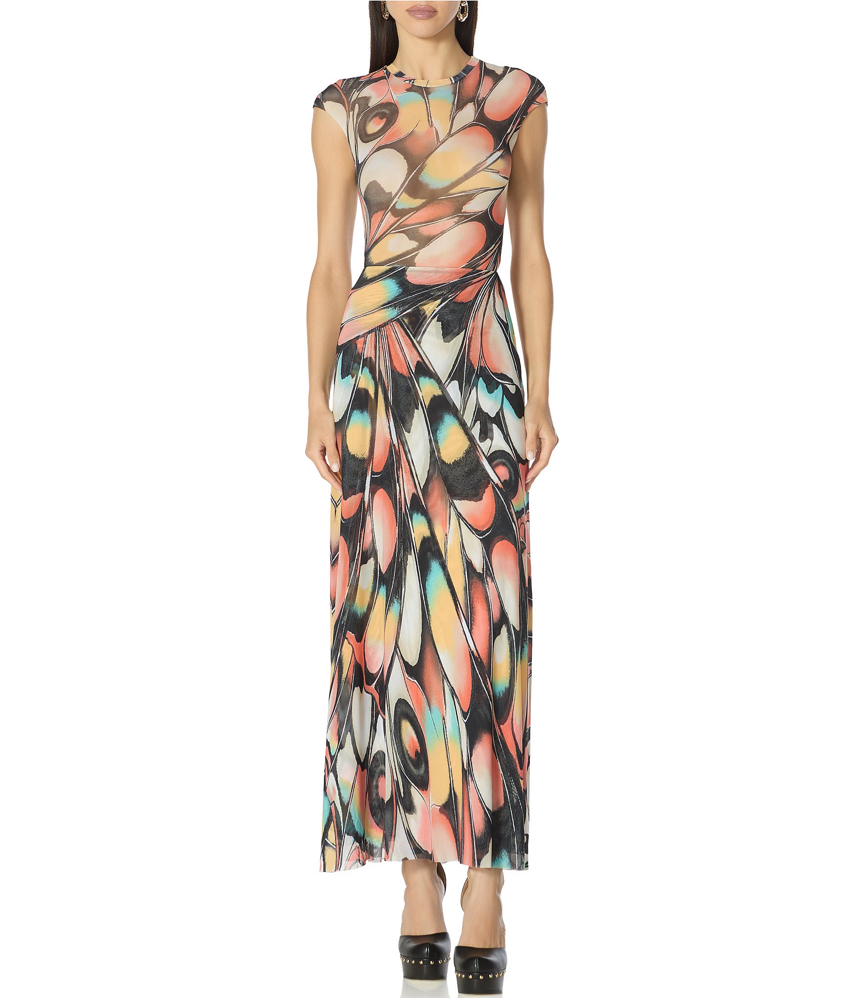 AFRM Nina Butterfly Printed Crew Neck Cap Sleeve Coordinating Mesh Tee