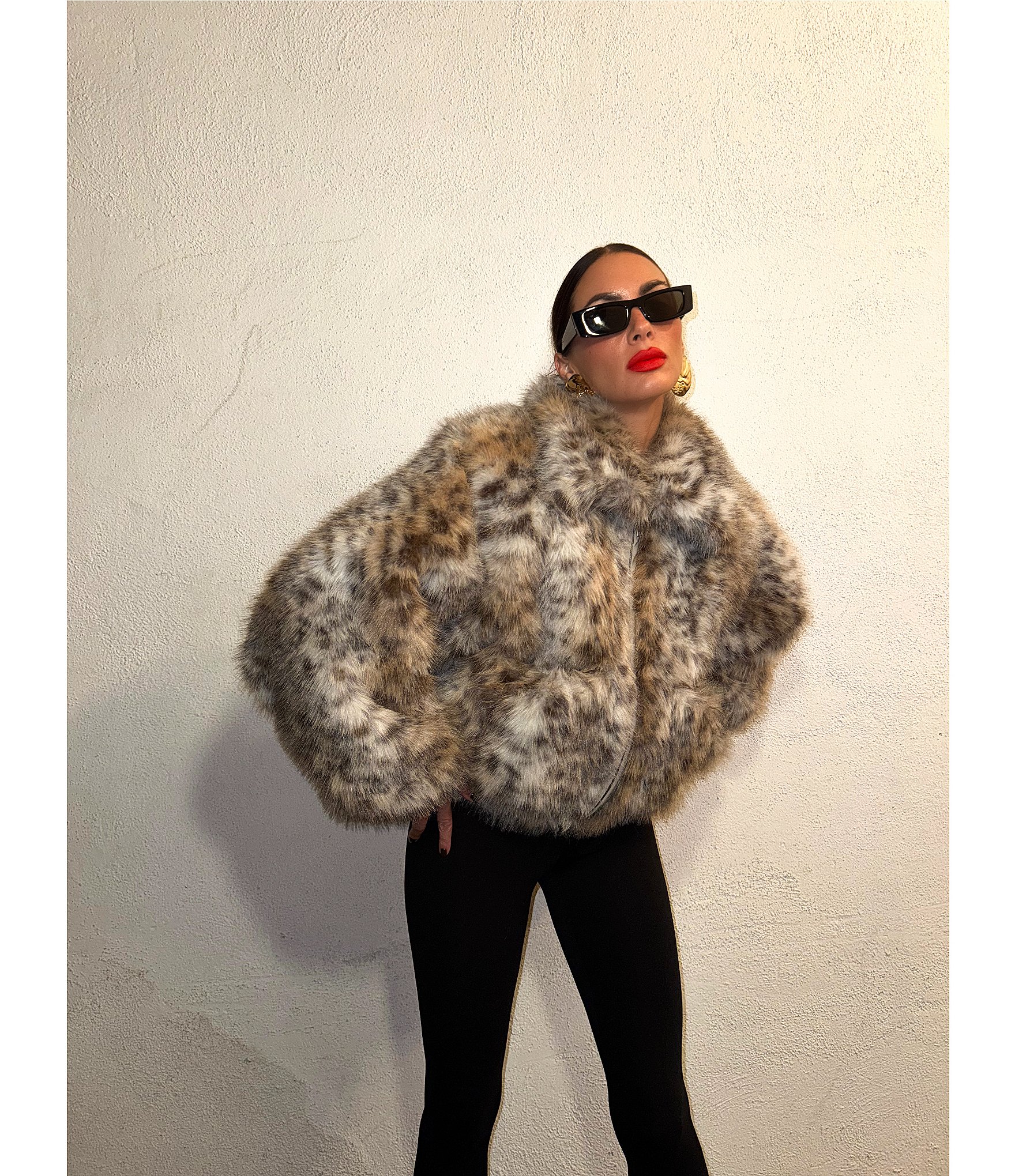 AFRM Norway Leopard Print V-Neck Long Sleeve Faux Fur Jacket