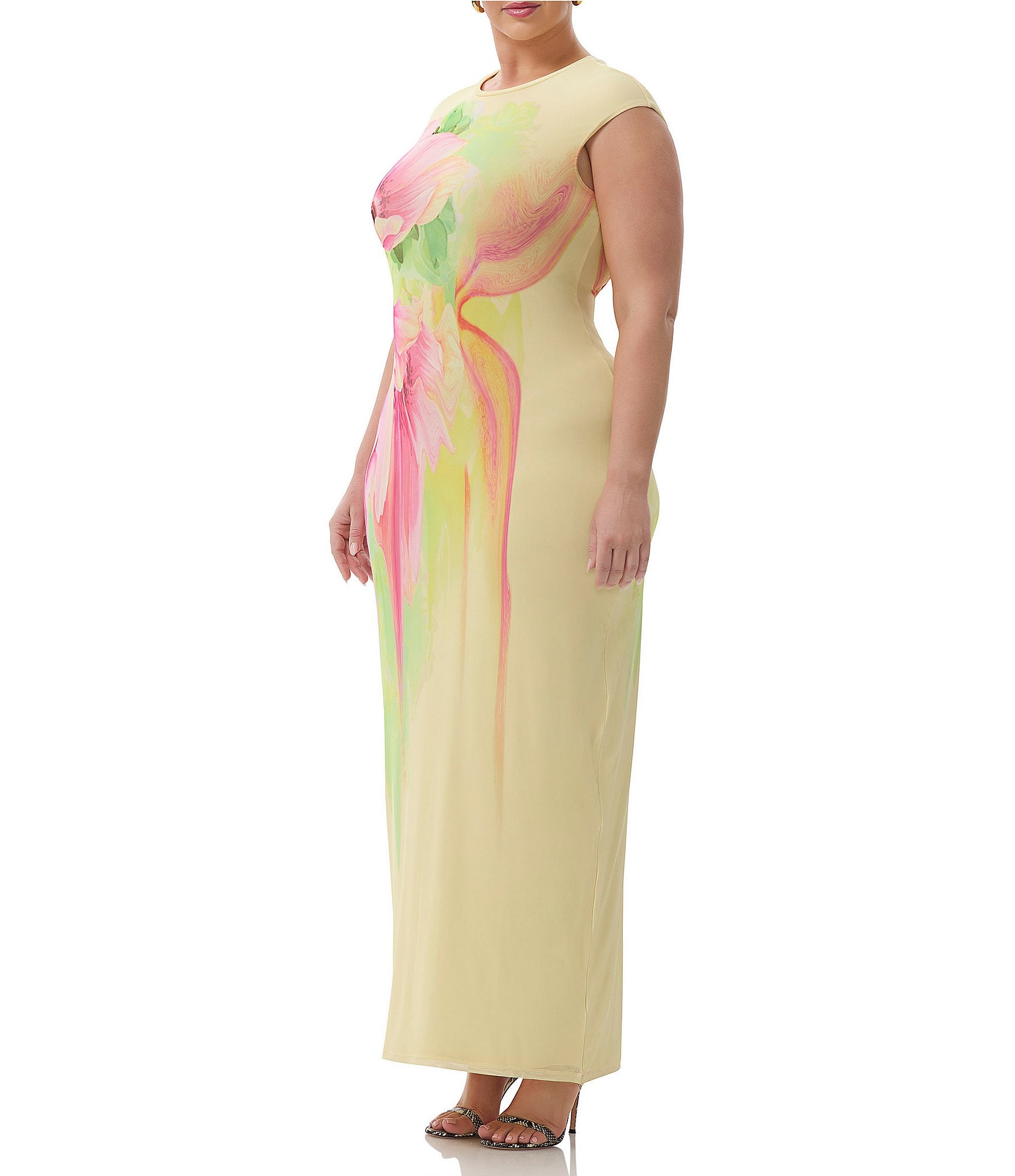 AFRM Plus Cody Floral Print Crew Neck Cap Sleeve Mesh Maxi Dress