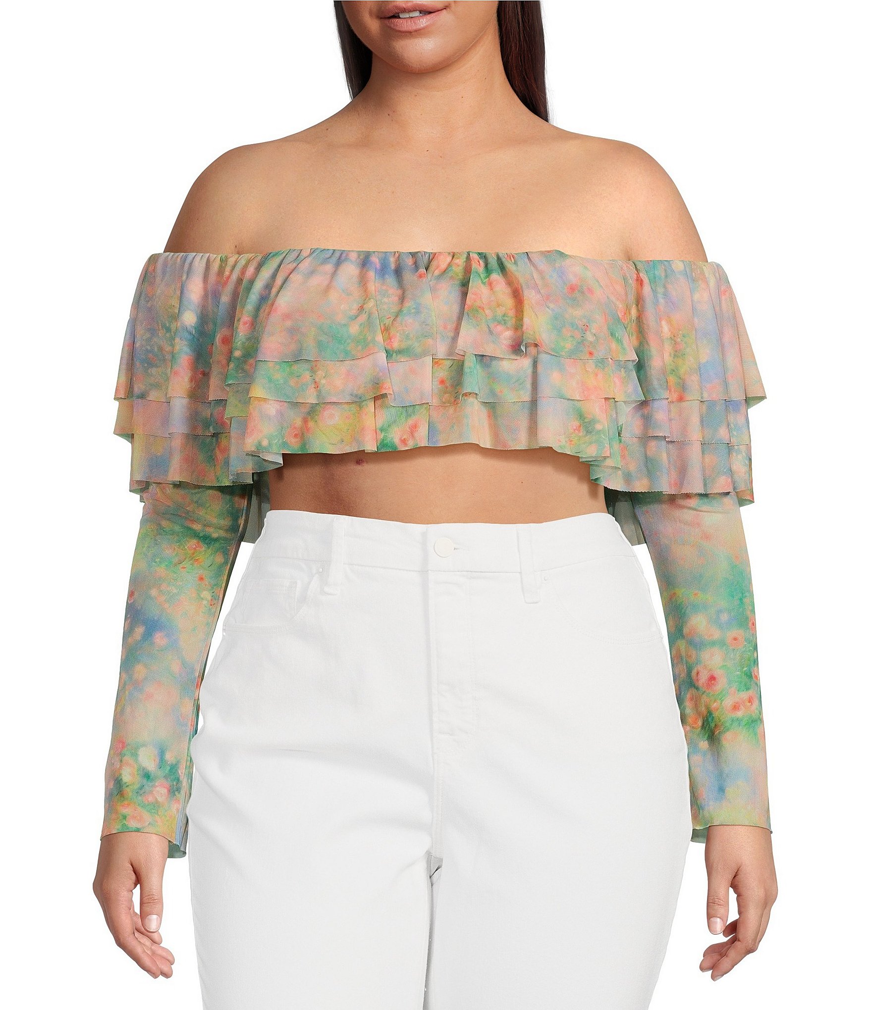 AFRM Plus Size Alma Printed Mesh Knit One Shoulder Neck Long AFRM Plus Size Alma Printed Mesh Knit One Shoulder Neck Long