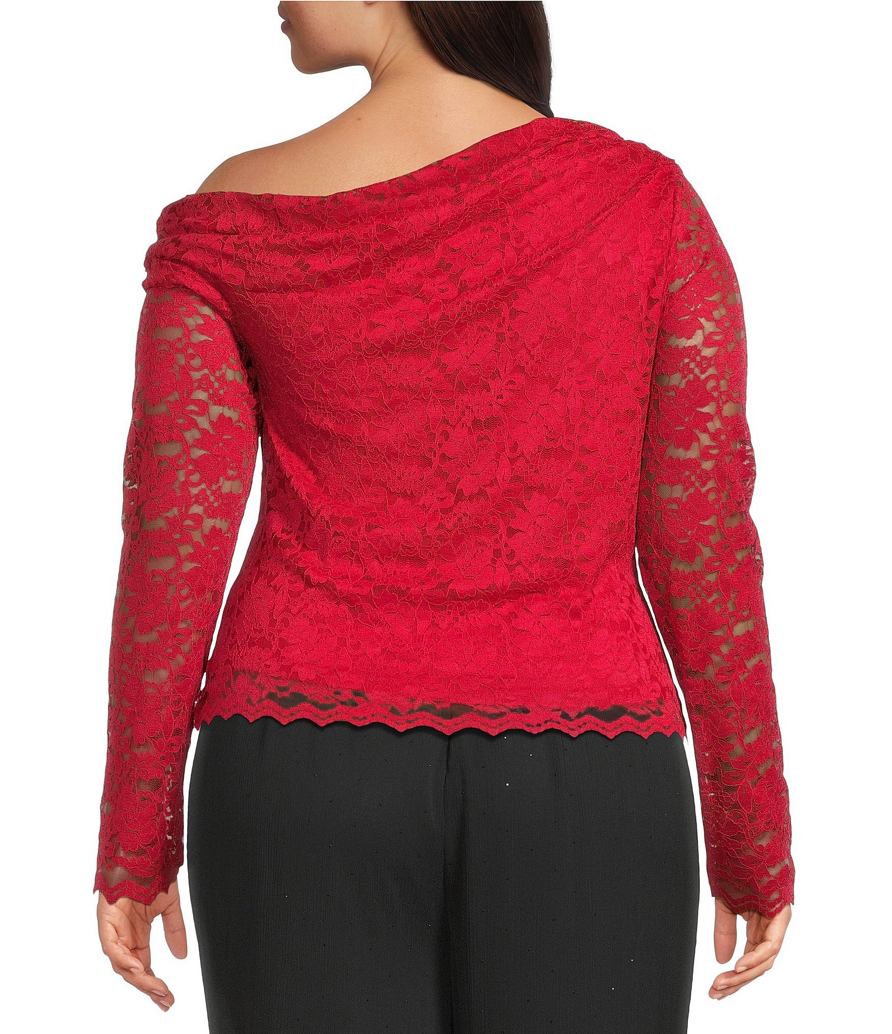 AFRM Plus Size Barry Asymmetrical Neckline Long Sleeve Silken Lace Top