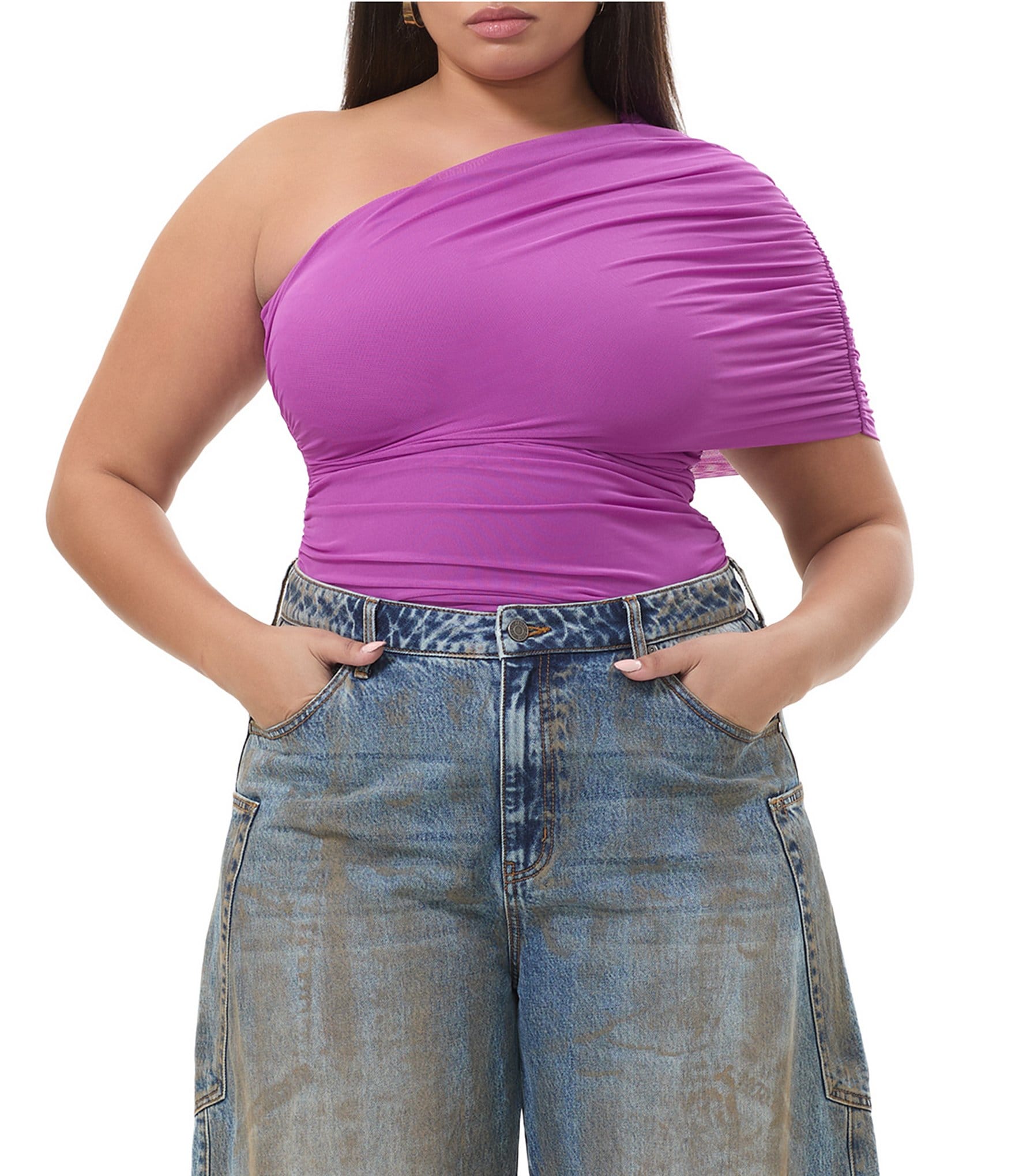 AFRM Plus Size Campbell One Shoulder Drape Mesh Top