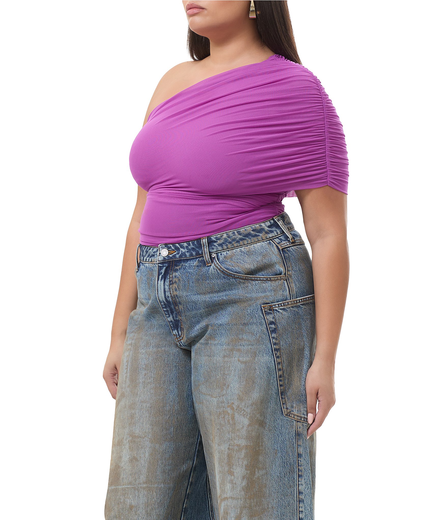 AFRM Plus Size Campbell One Shoulder Drape Mesh Top