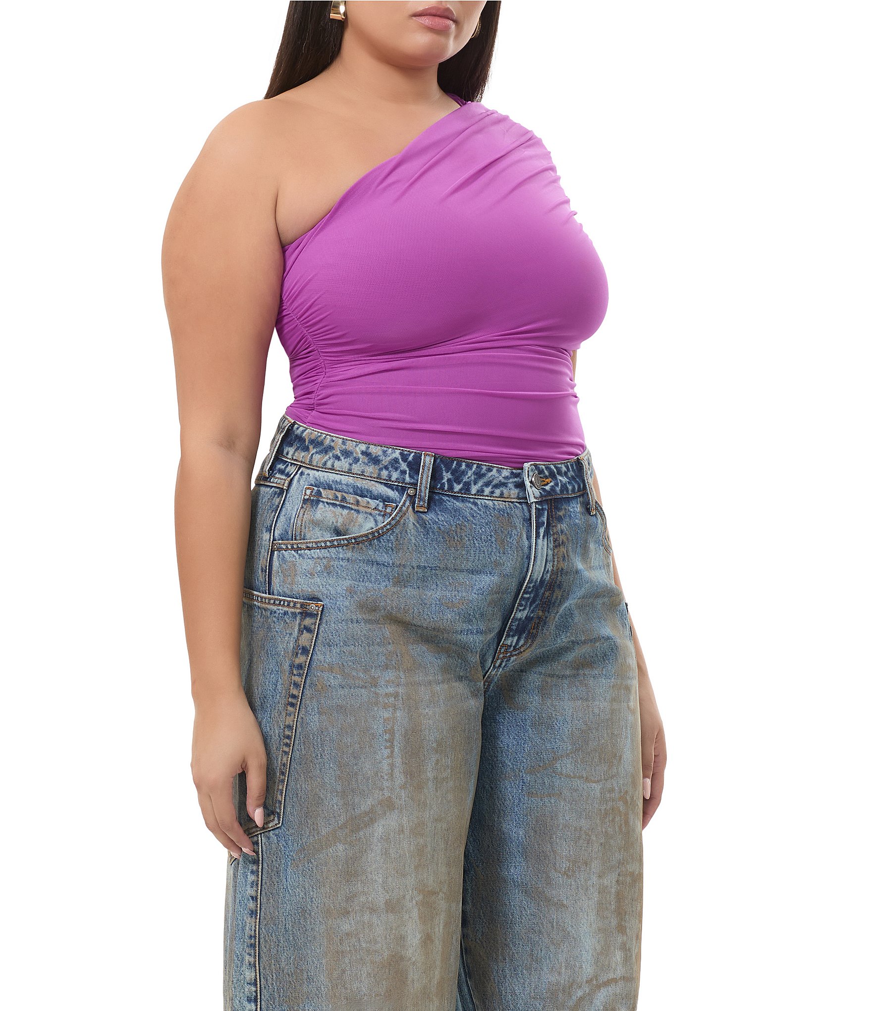 AFRM Plus Size Campbell One Shoulder Drape Mesh Top