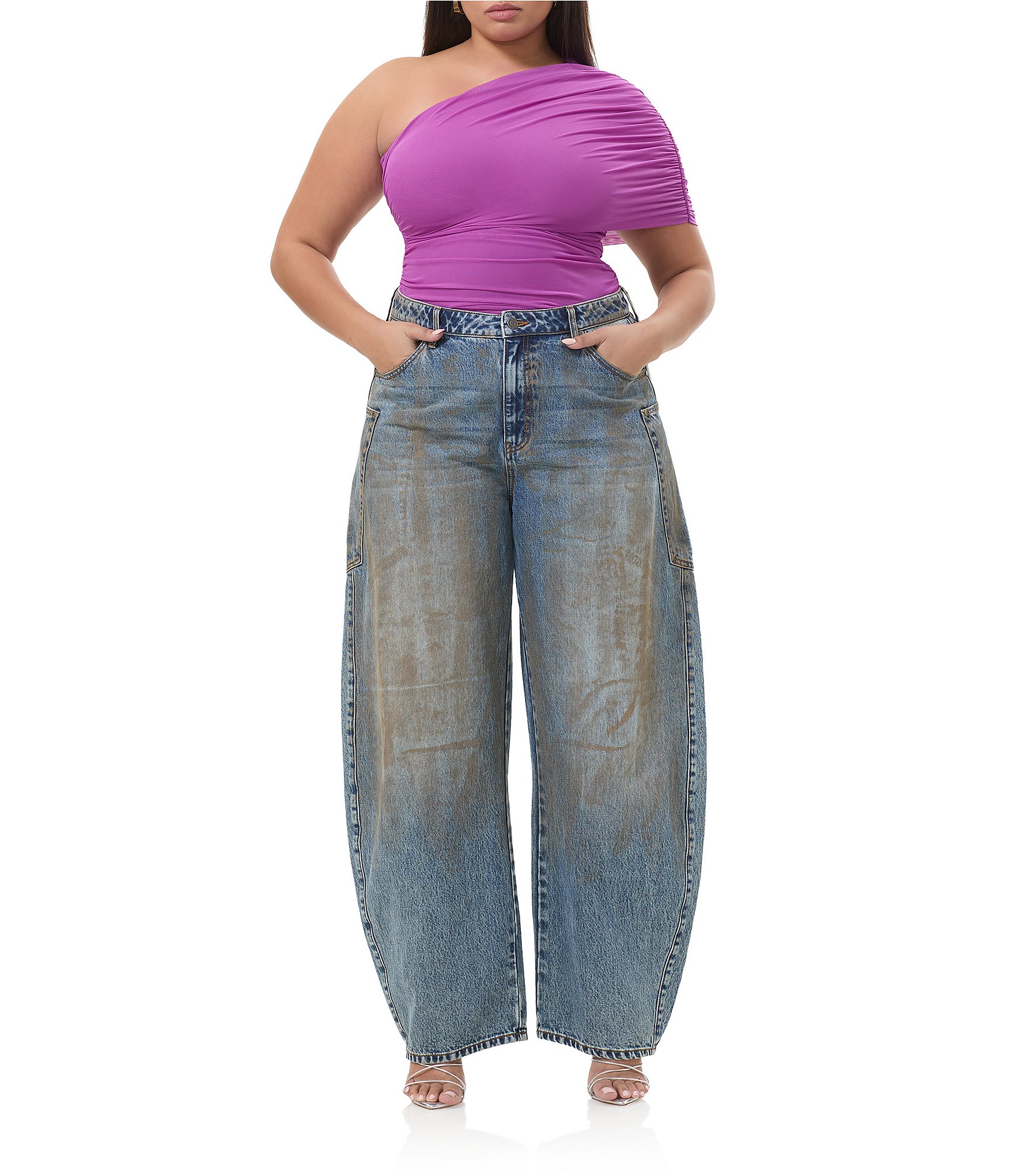 AFRM Plus Size Campbell One Shoulder Drape Mesh Top