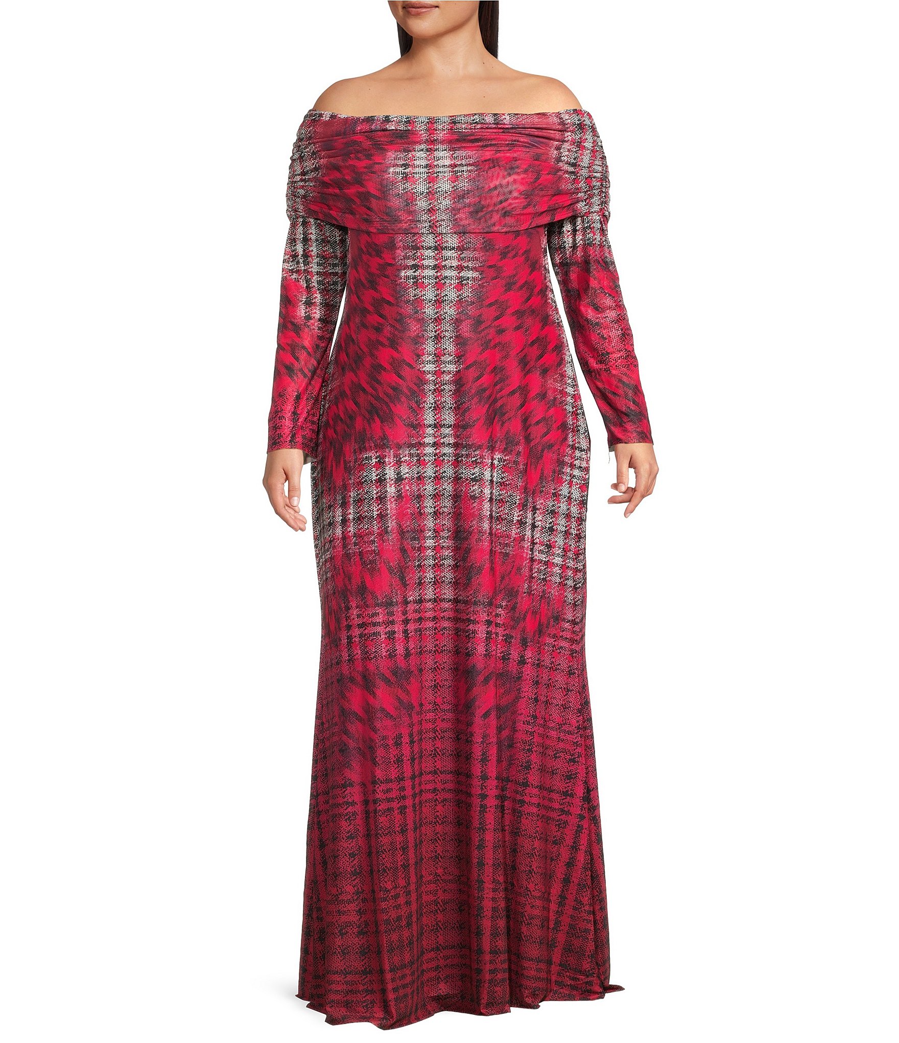 AFRM Plus Size Thelma Houndstooth Print Off The Shoulder Long Sleeve Mesh Maxi Dress