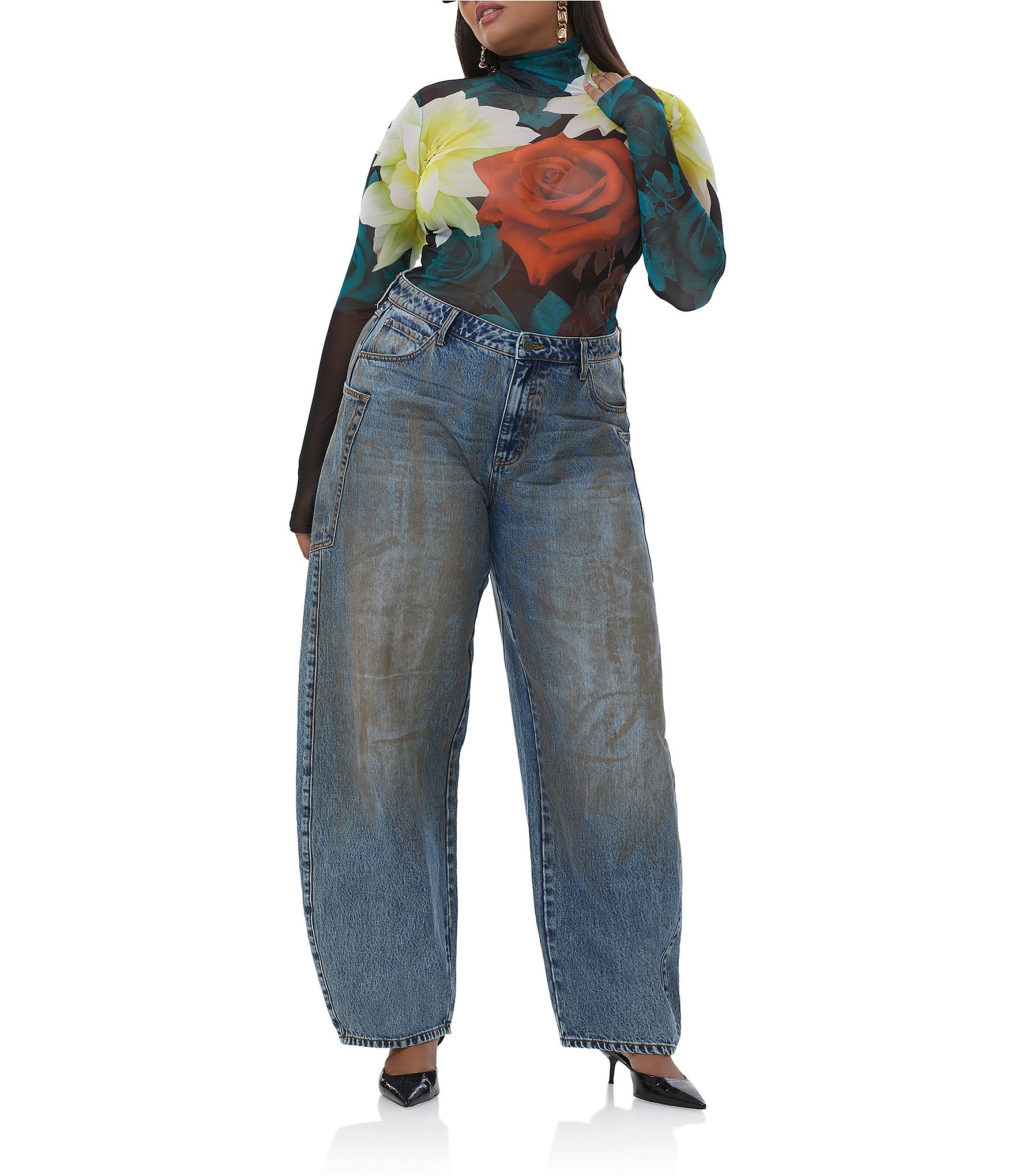 AFRM Plus Size Zadie Floral Print Mock Neck Long Sleeve Mesh Top