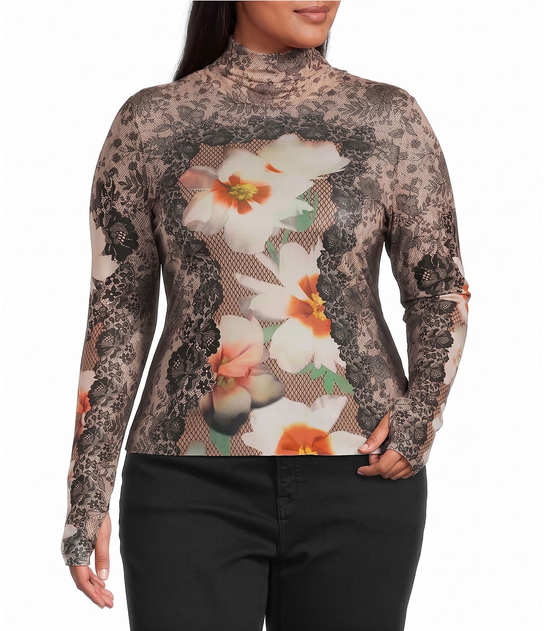 AFRM Plus Size Zadie Lace Floral Mix Print Mock Neck Long Sleeve Mesh Top