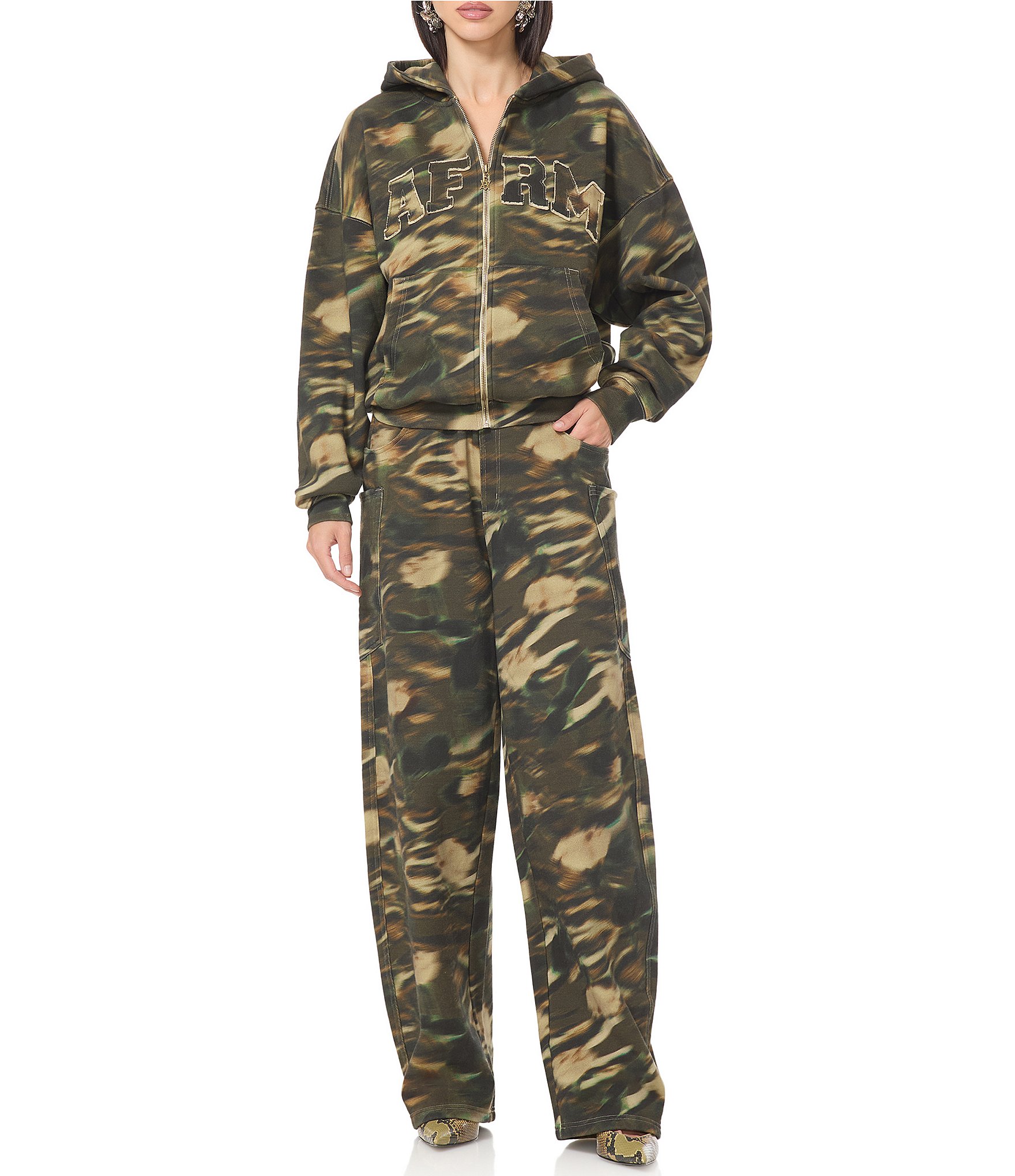 AFRM Ryan Camo Printed High Rise Barrel Leg Coordinating Sweatpants