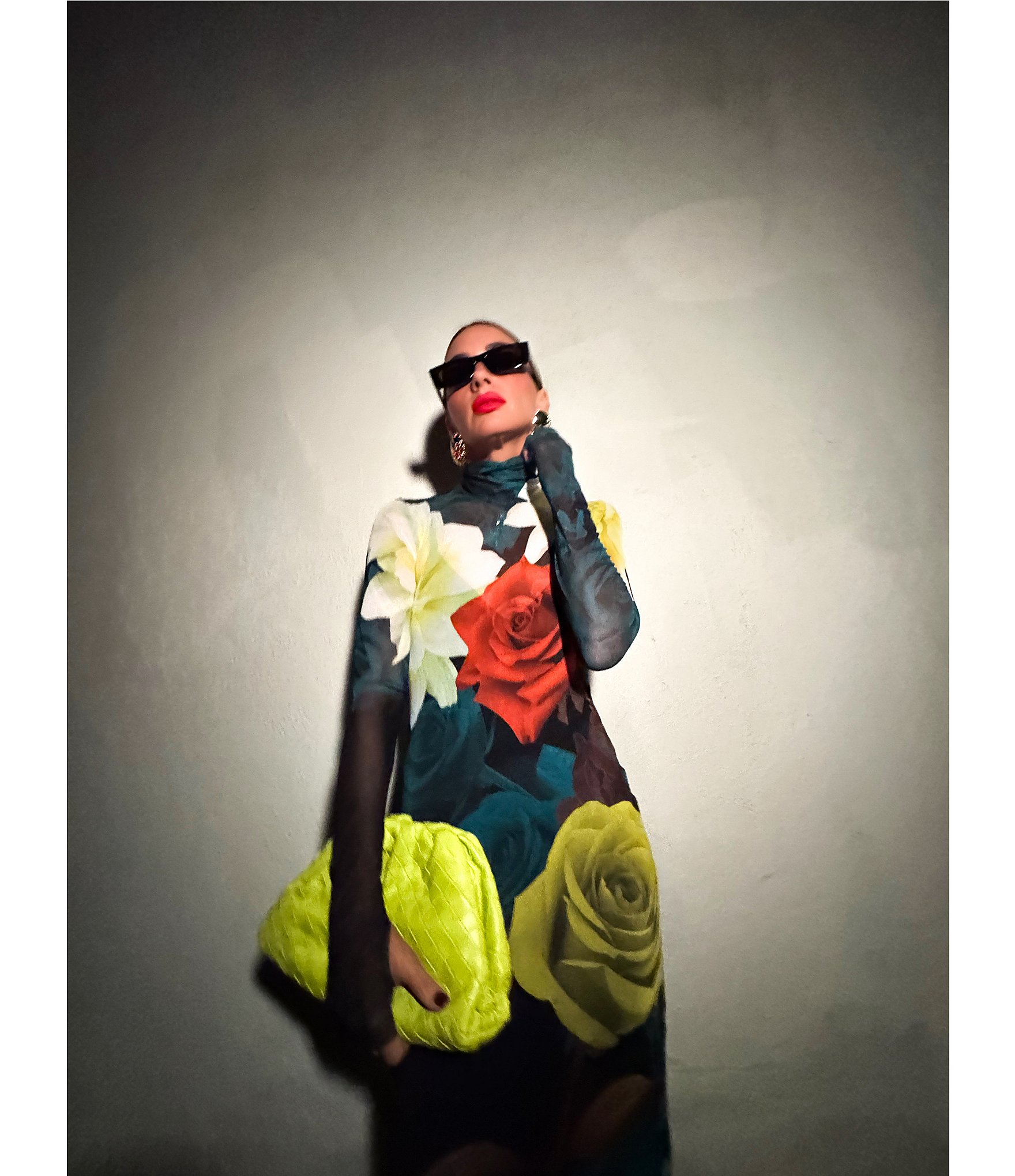 AFRM Shailene Floral Print Turtleneck Long Sleeve Bodycon Midi Mesh Dress