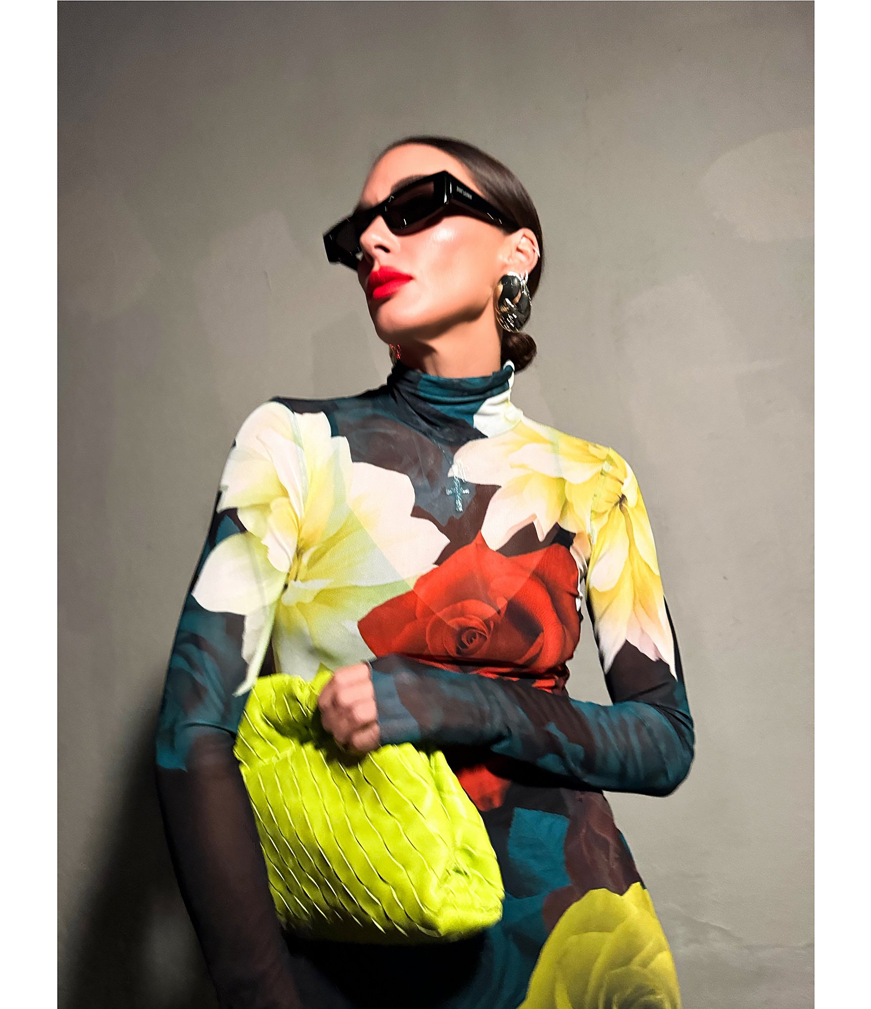 AFRM Shailene Floral Print Turtleneck Long Sleeve Bodycon Midi Mesh Dress