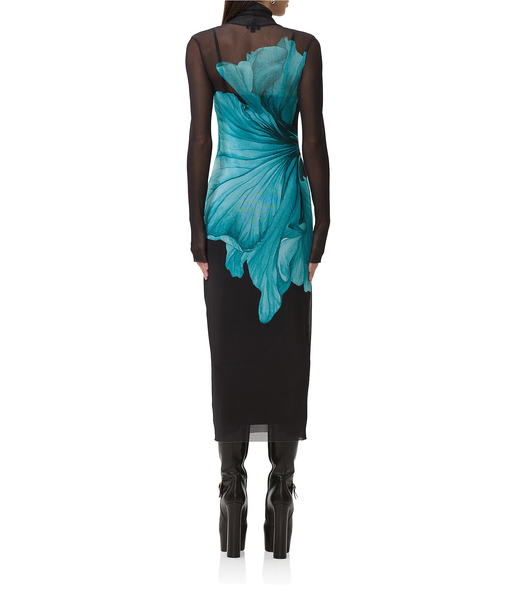 AFRM Shailene Floral Print Turtleneck Long Sleeve Mesh Midi Dress