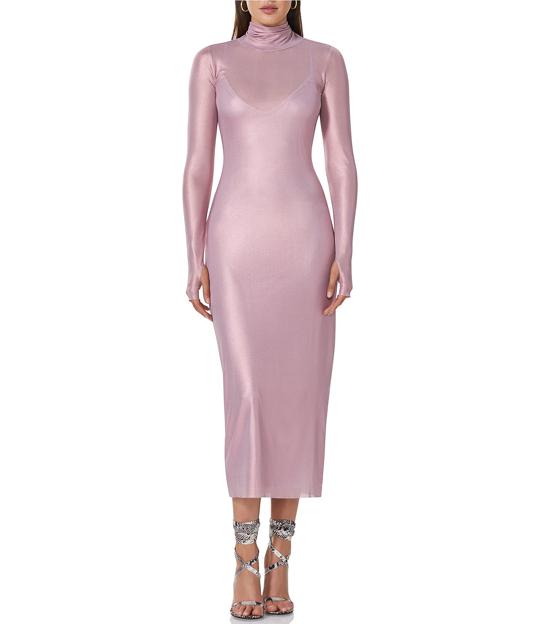 AFRM Shailene Foil Mesh Turtleneck Long Sleeve Midi Dress