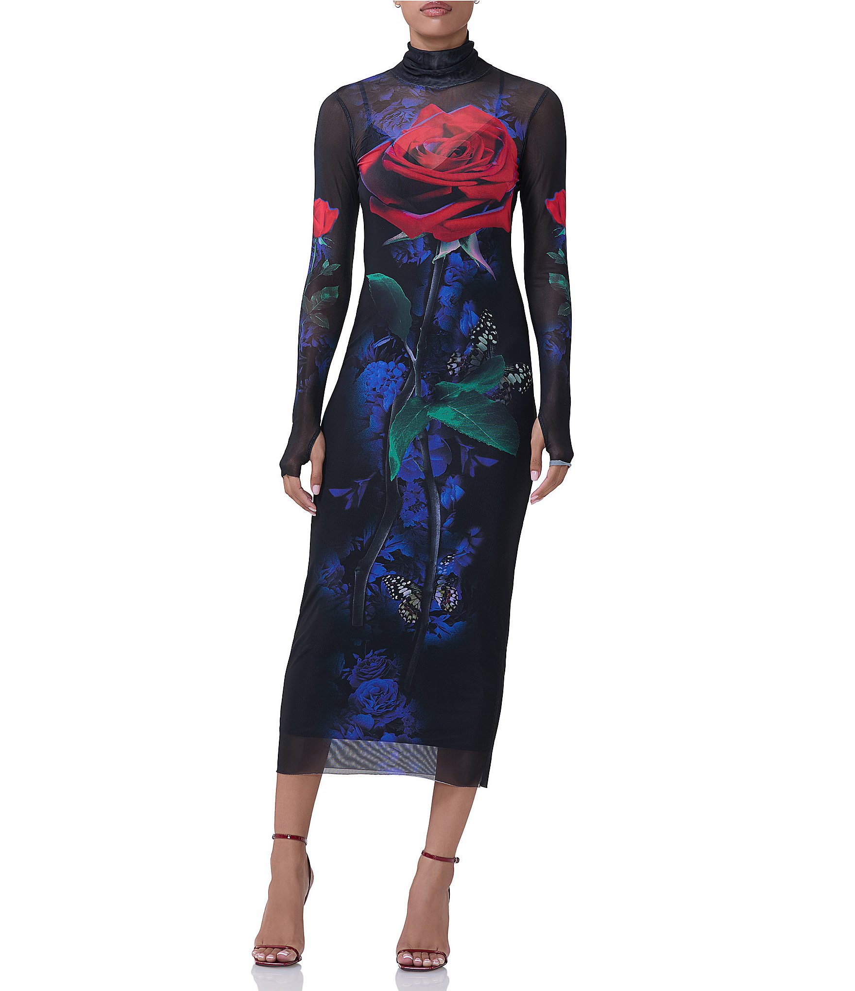 AFRM Shailene Printed Mesh Turtleneck Long Sleeve Midi Dress