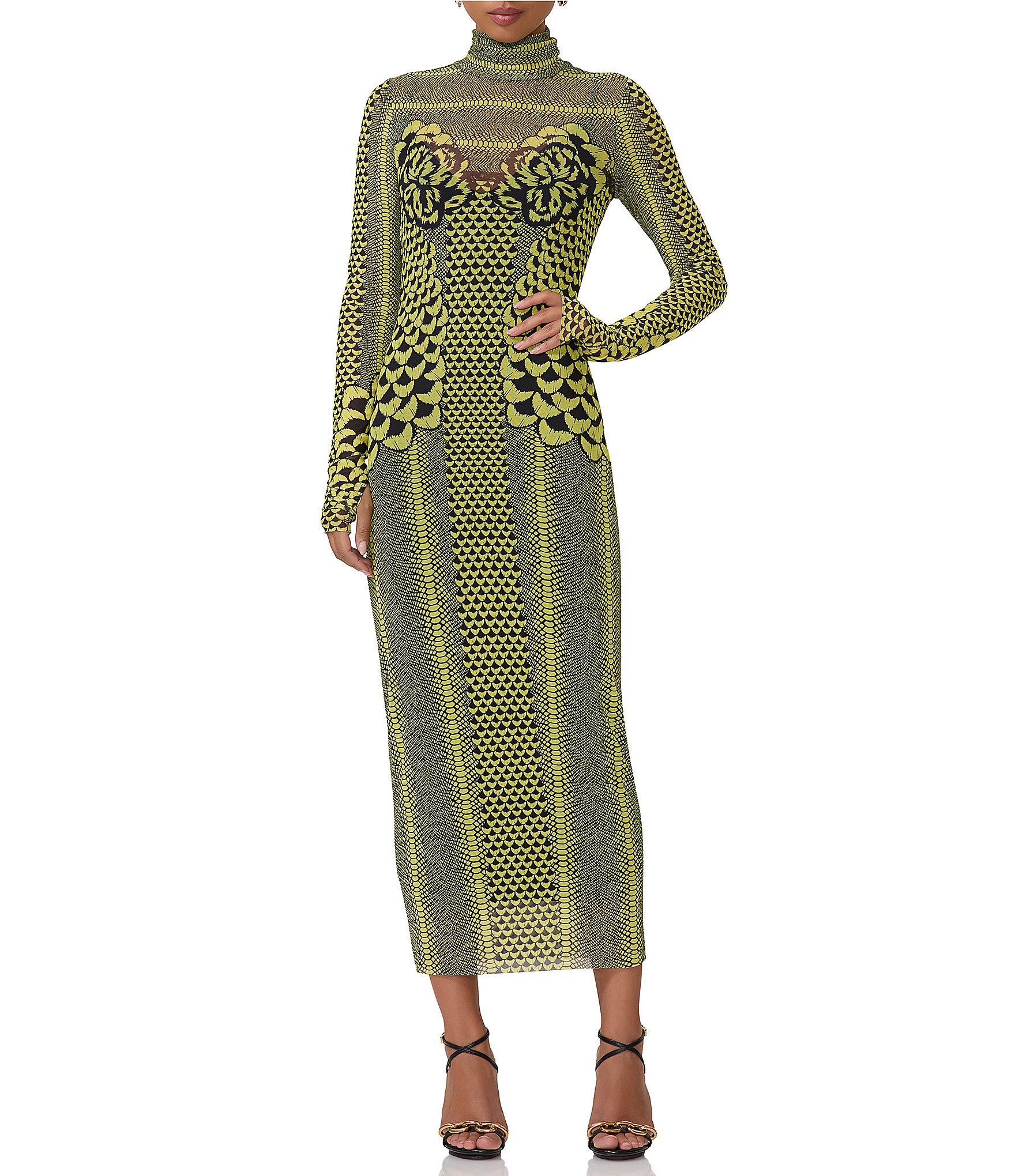 AFRM Shailene Printed Mesh Turtleneck Long Sleeve Midi Dress | Dillard's