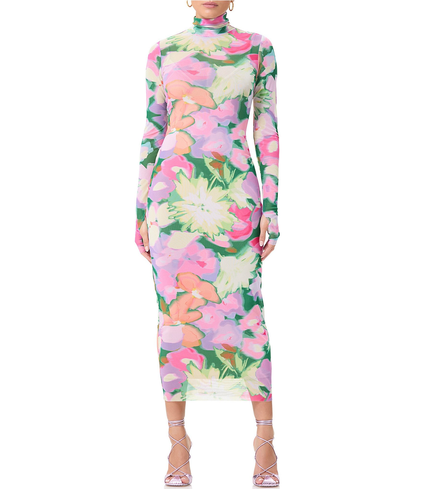 AFRM Shailene Printed Mesh Turtleneck Long Sleeve Midi Dress | Dillard's