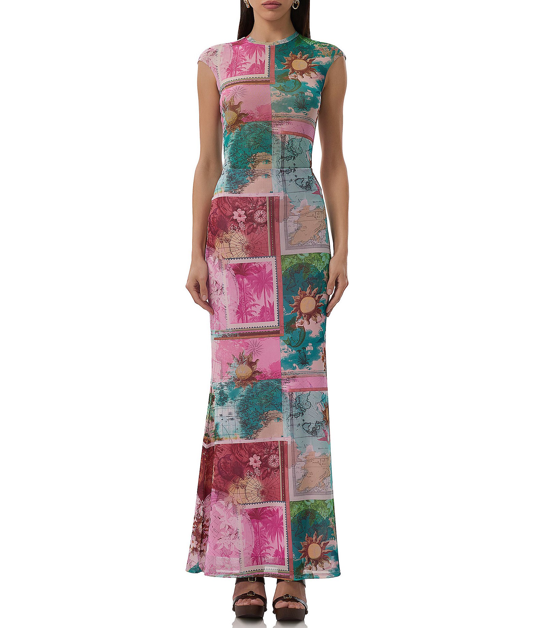 AFRM Tegan Tropical Postcard Print Mesh Maxi Mermaid Skirt