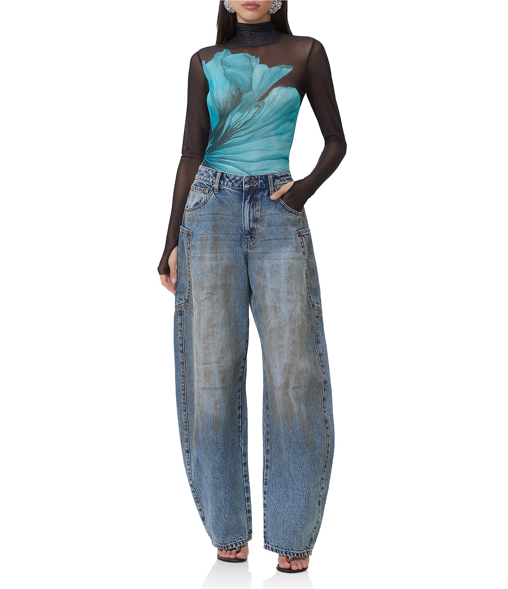 AFRM Zadie Flower Print Mock Neck Long Sleeve Mesh Top