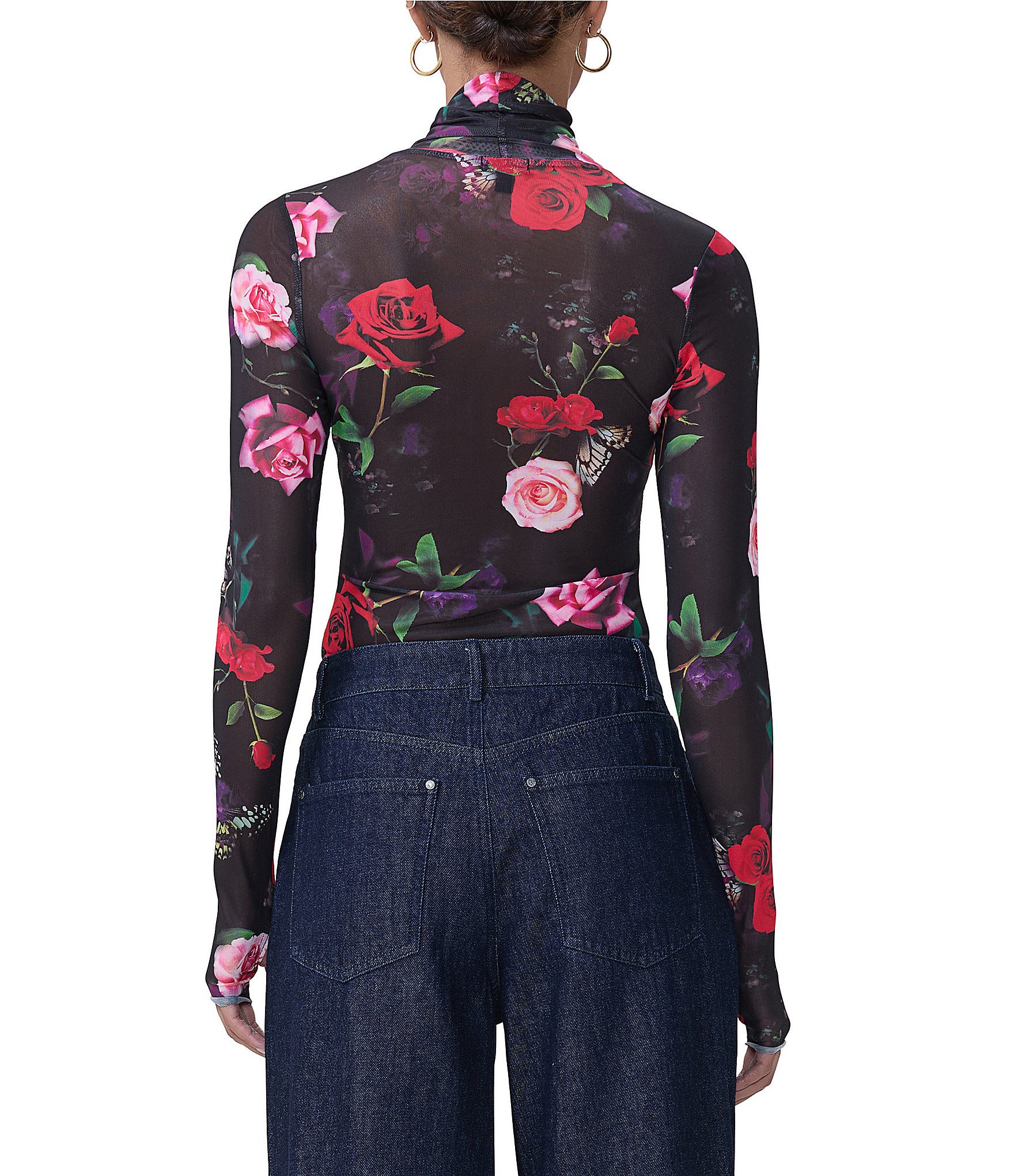 AFRM Zadie Mesh Rose Print Turtleneck Long Sleeve Top