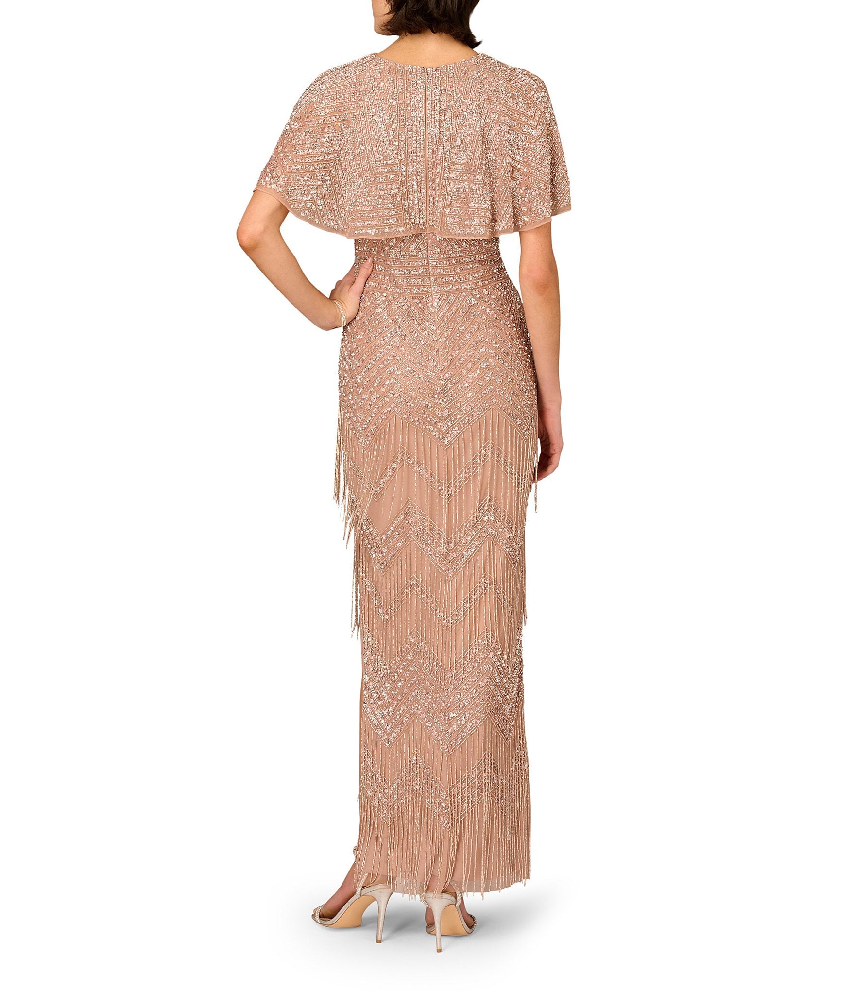 Aidan Mattox Beaded Mesh Cape Sleeves Front Keyhole Long Dress