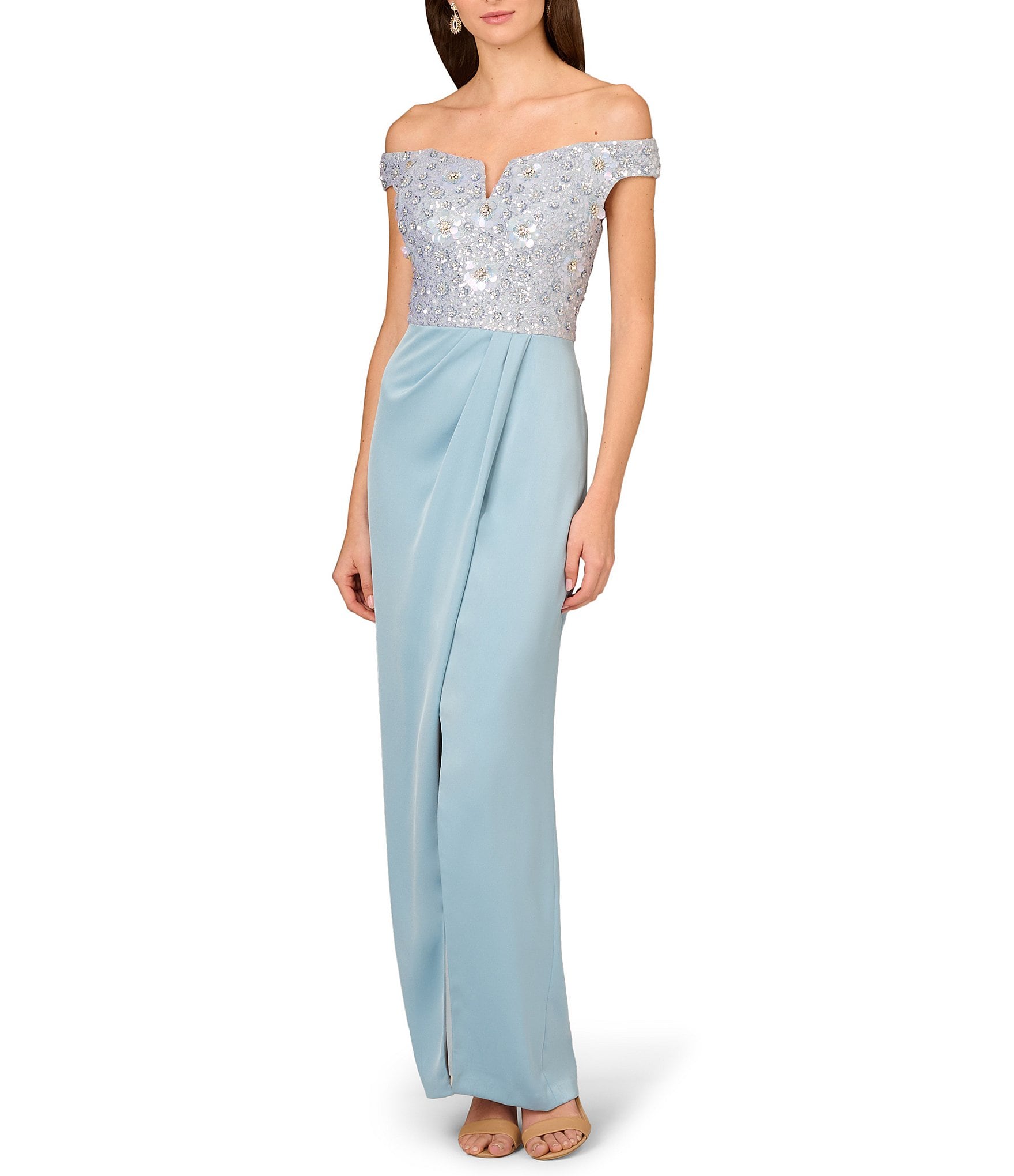 Aidan Mattox Beaded Mesh Off-The-Shoulder Cap Sleeve Satin