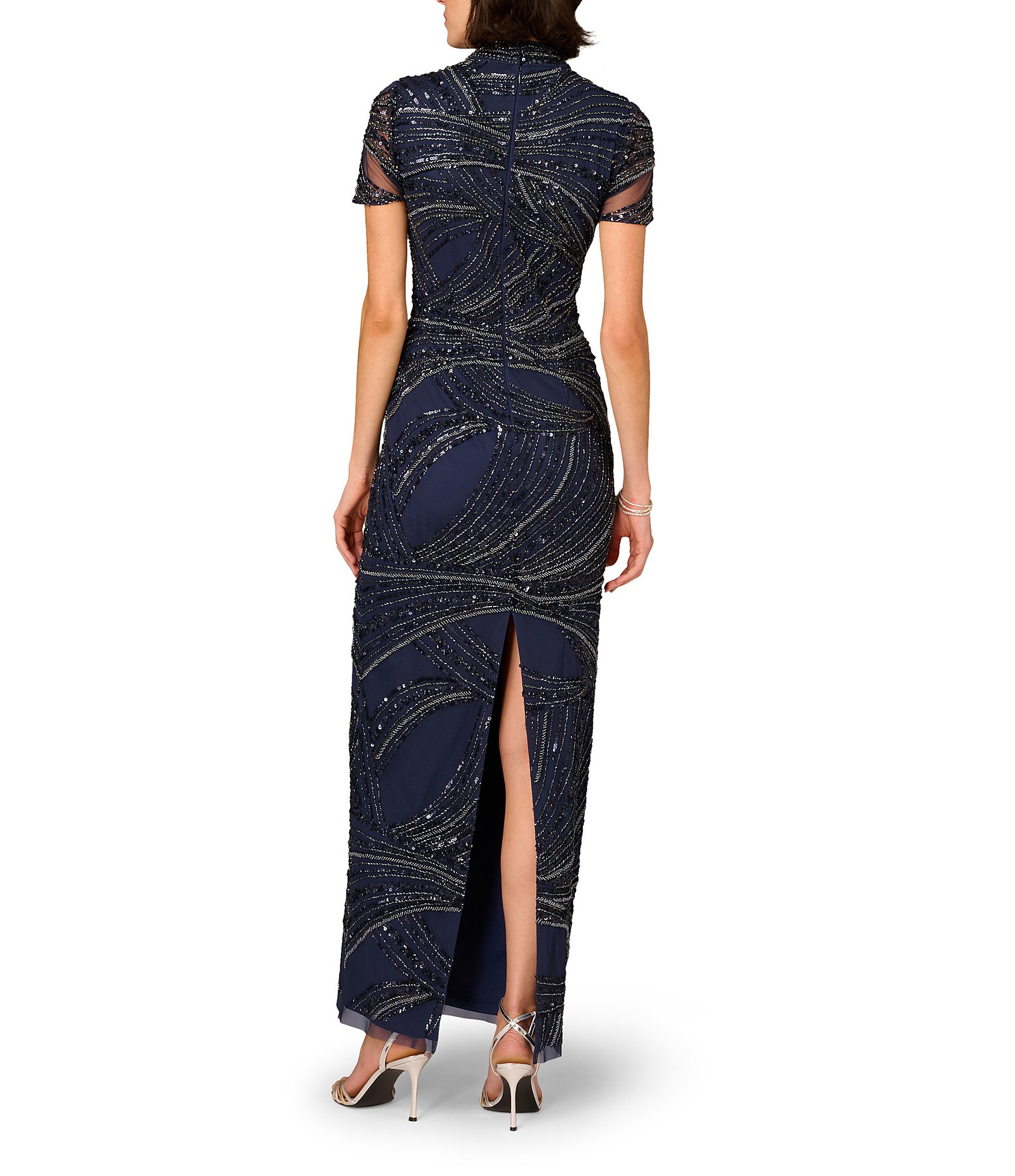 Aidan Mattox Beaded Mesh Short Sleeve Column Long Gown