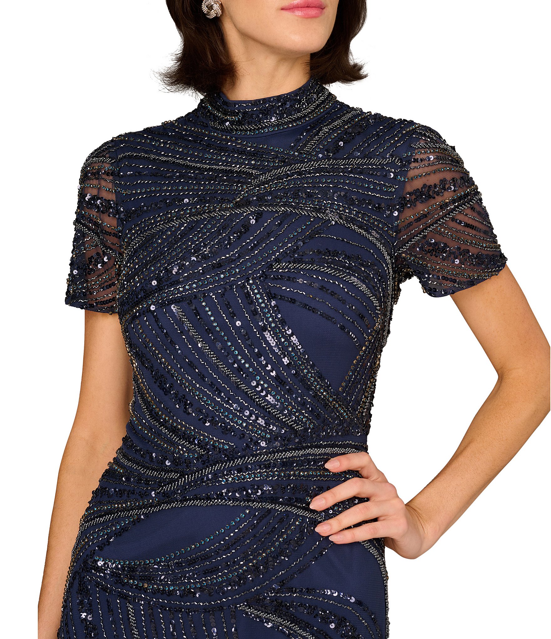 Aidan Mattox Beaded Mesh Short Sleeve Column Long Gown
