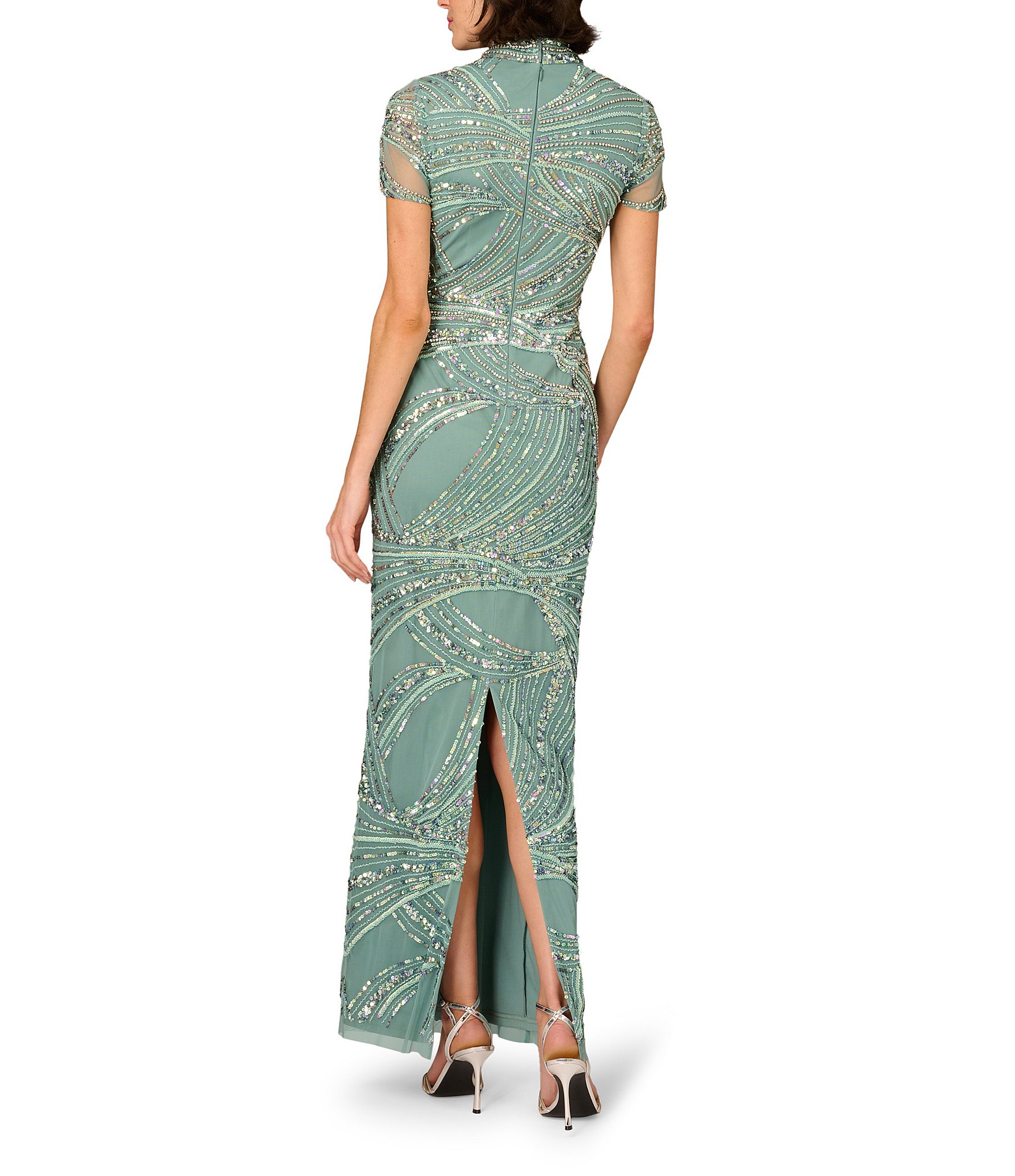 Aidan Mattox Beaded Mesh Short Sleeve Column Long Gown