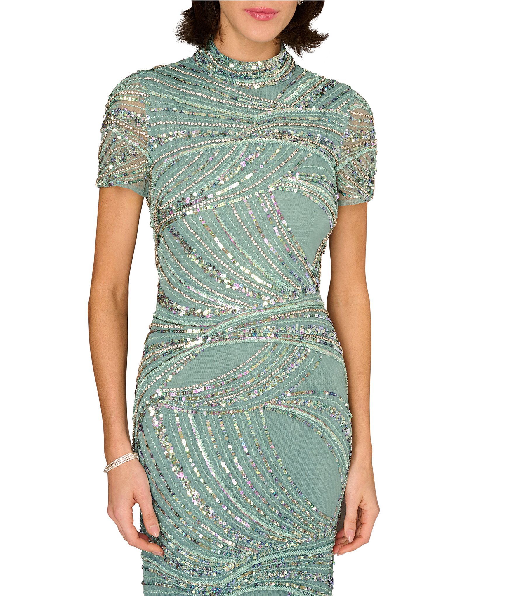 Aidan Mattox Beaded Mesh Short Sleeve Column Long Gown