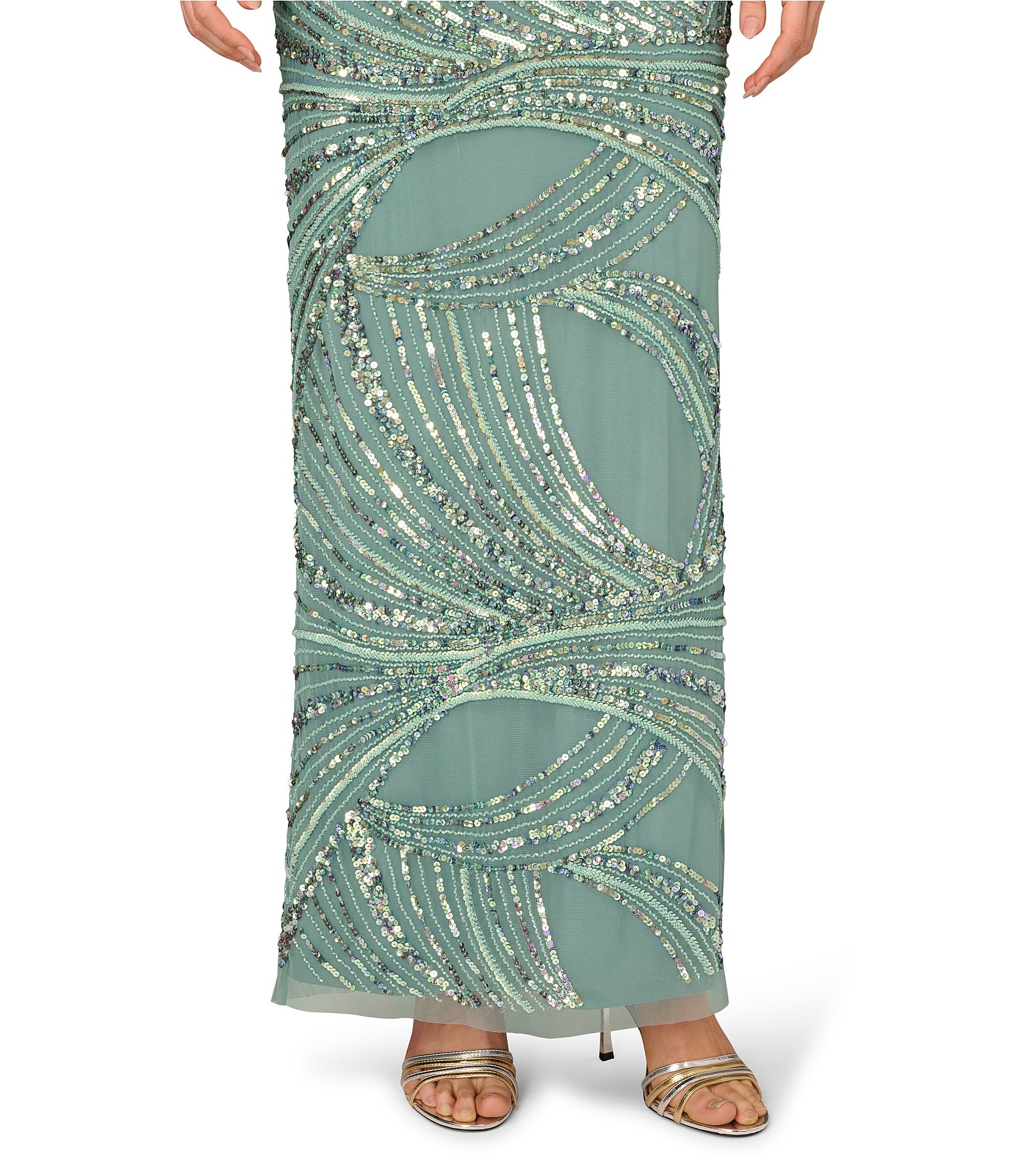Aidan Mattox Beaded Mesh Short Sleeve Column Long Gown