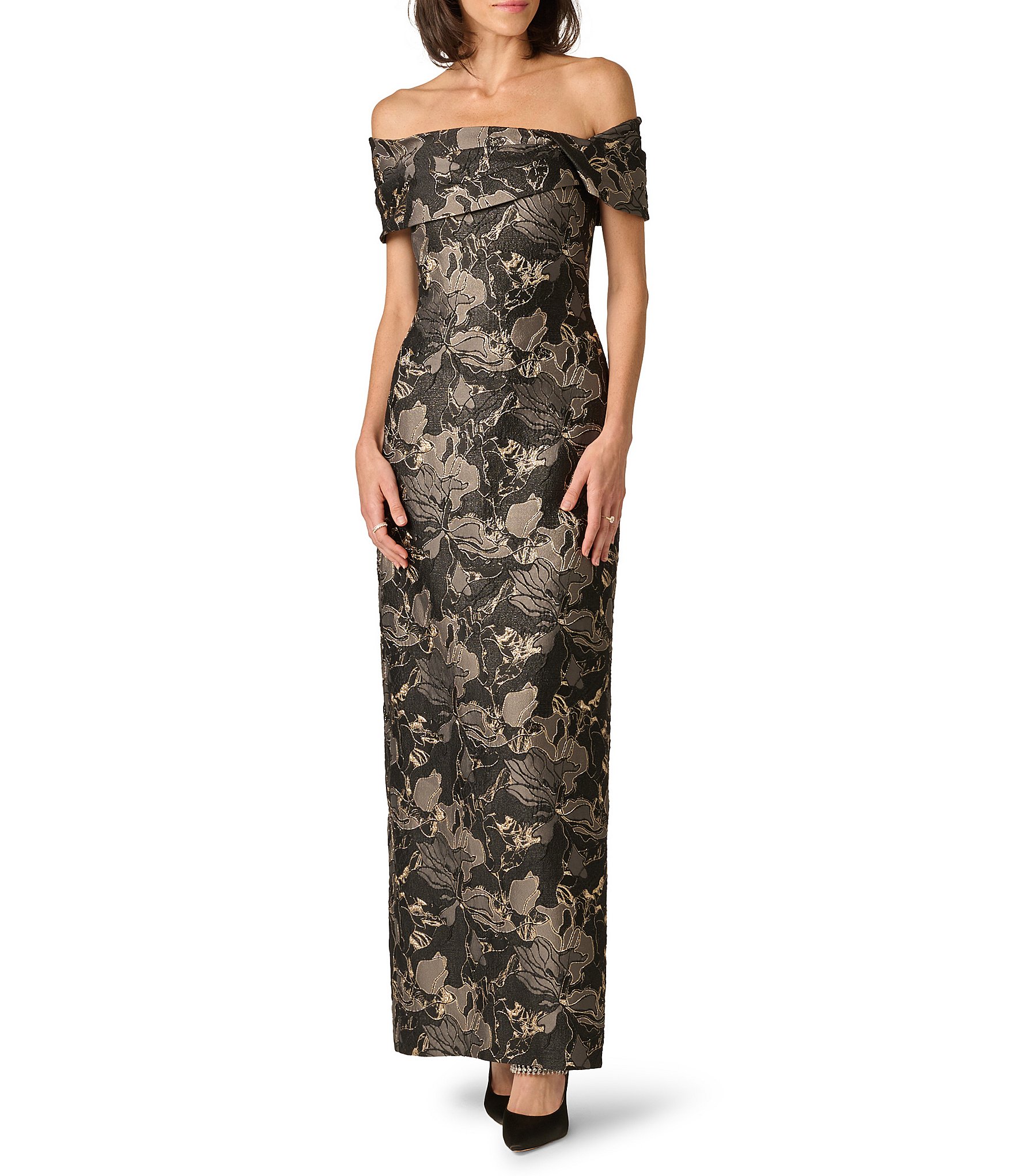 Aidan Mattox Draped Floral Jacquard Strapless Long Dress