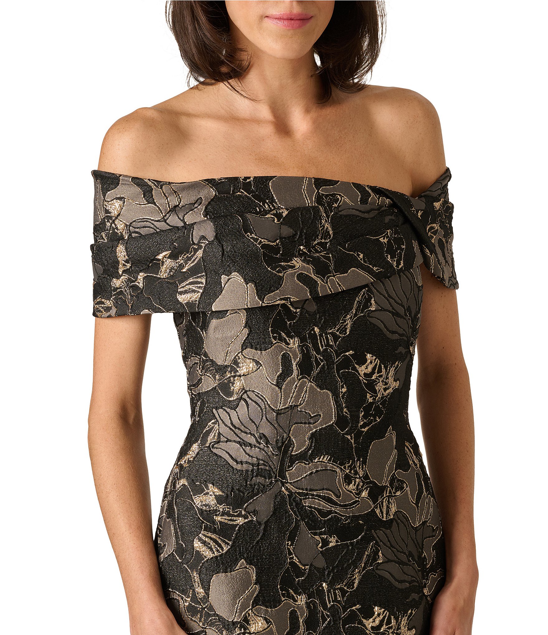 Aidan Mattox Draped Floral Jacquard Strapless Long Dress