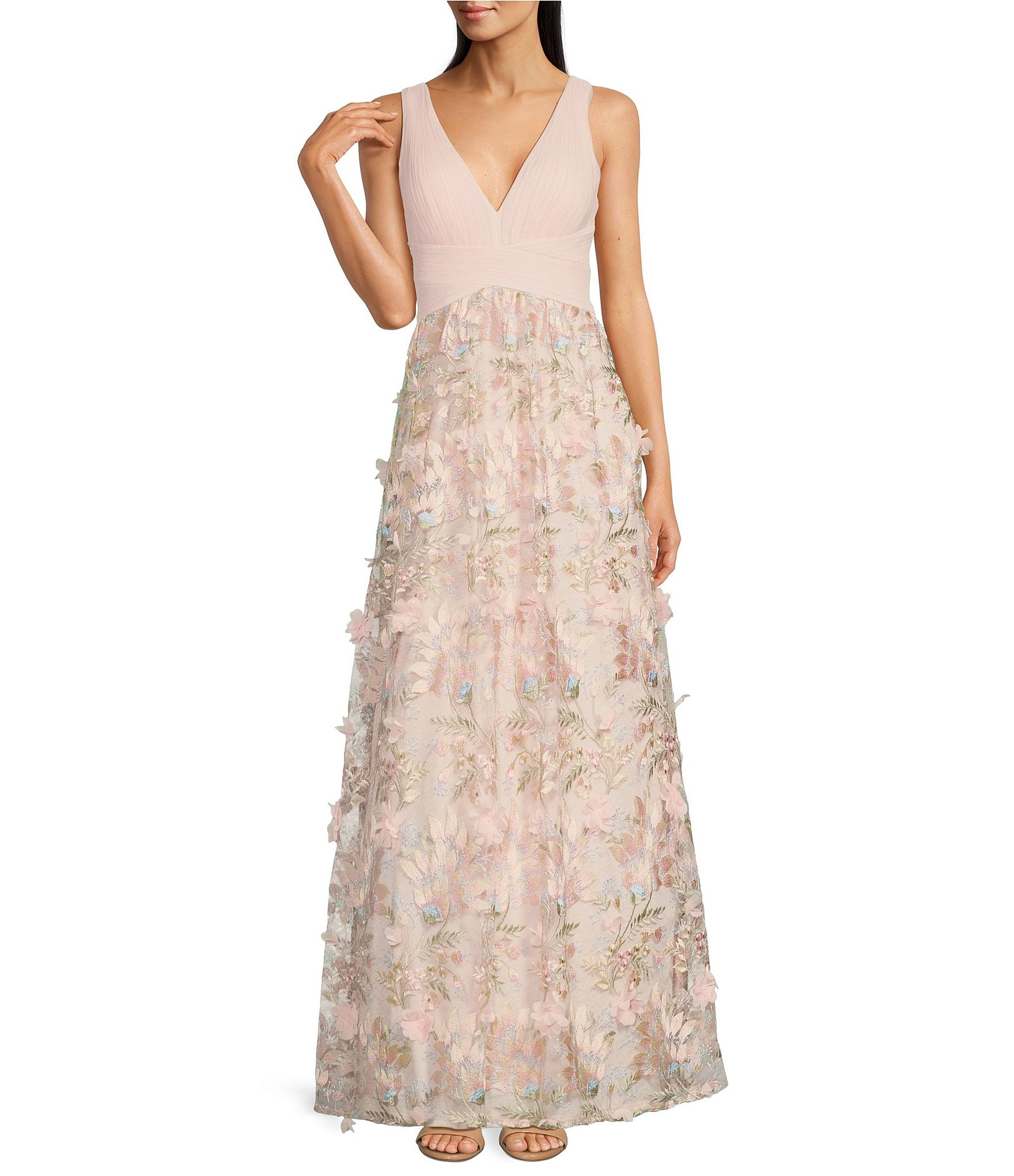 Aidan Mattox Floral Embroidered Mesh V Neck Sleeveless A Line Maxi