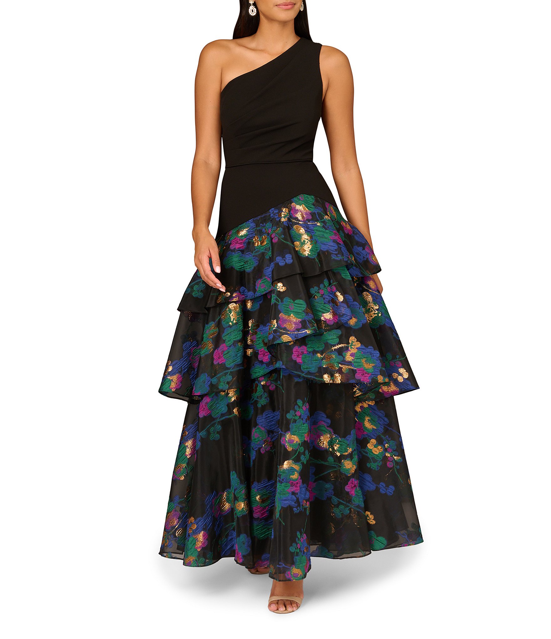 Aidan Mattox Floral Jacquard One Shoulder Sleeveless Asymmetrical Drop ...