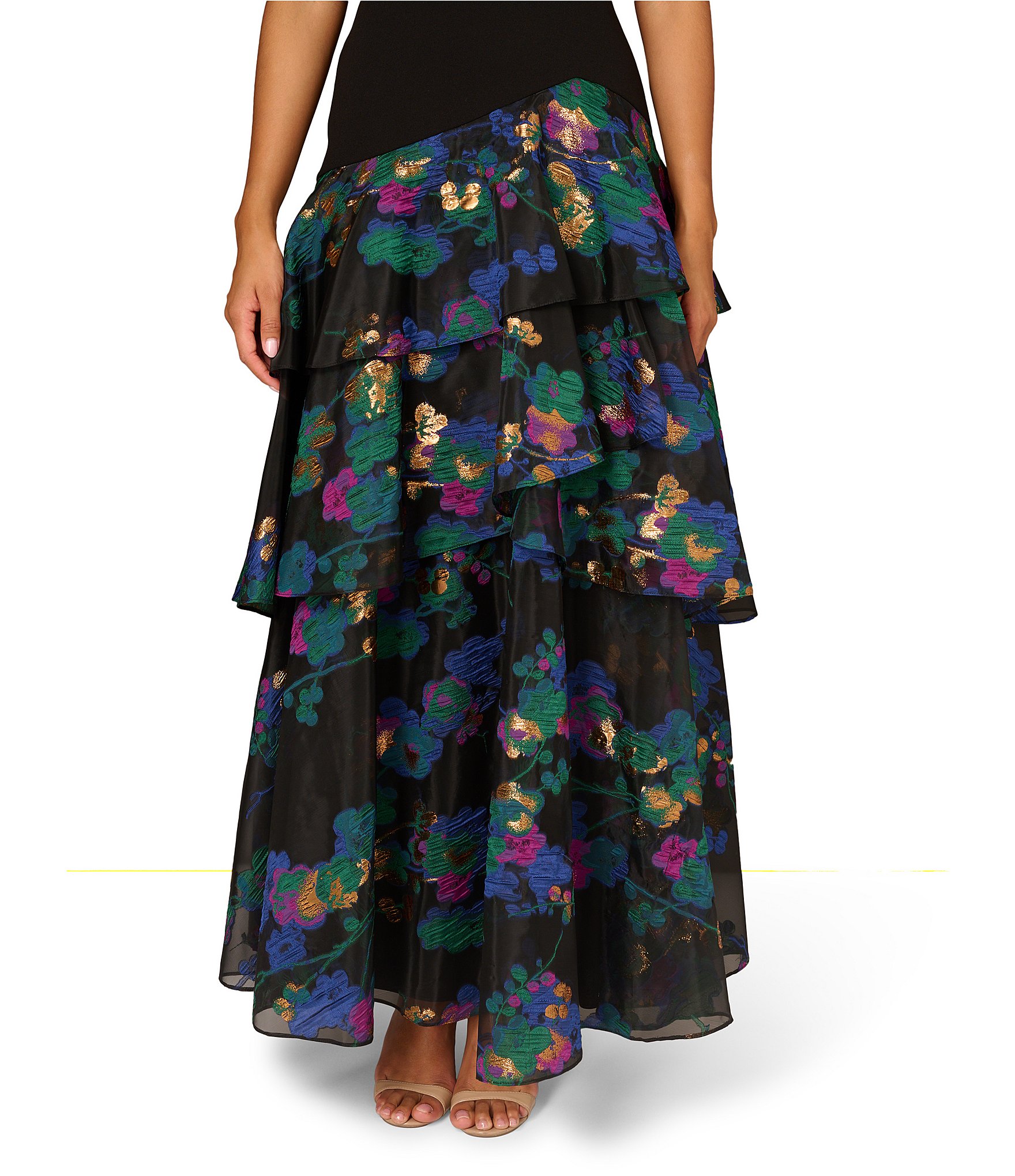 Aidan Mattox Floral Jacquard One Shoulder Sleeveless Asymmetrical Drop Waist Tiered Gown