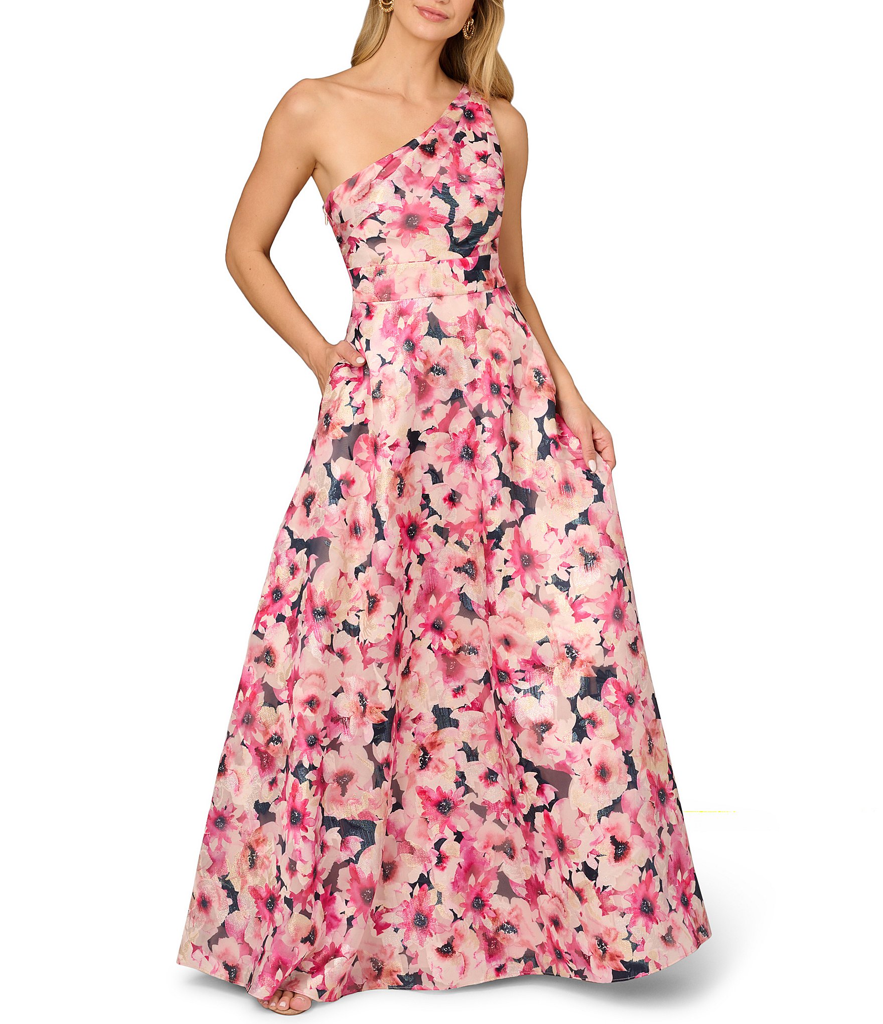 Aidan Mattox Floral Printed Jacquard One Shoulder Sleeveless Side Pocket  Gown | Dillard's