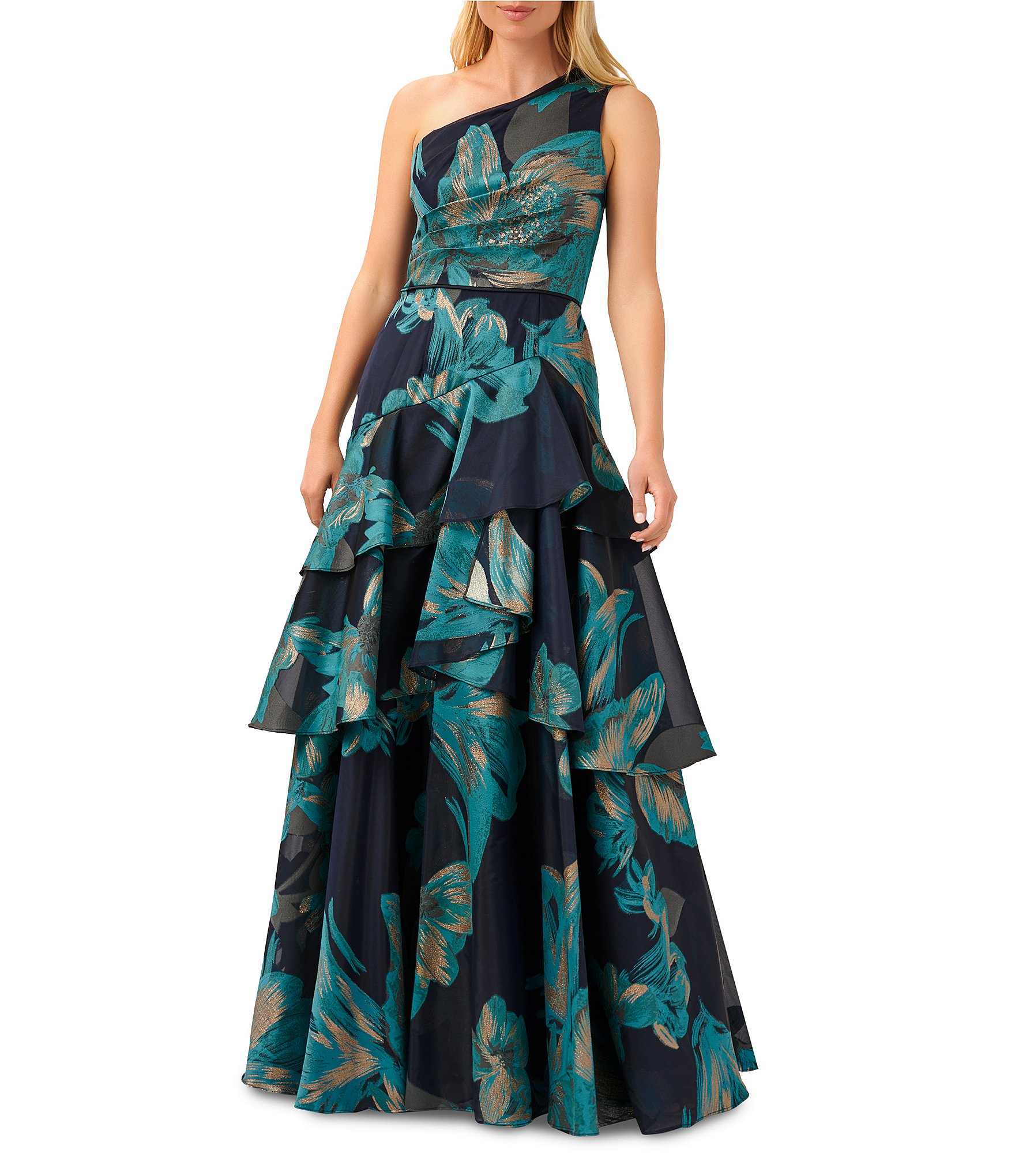 Aidan Mattox Metallic Floral Print Jacquard One Shoulder Tiered Ruffle  A-Line Gown | Dillard's