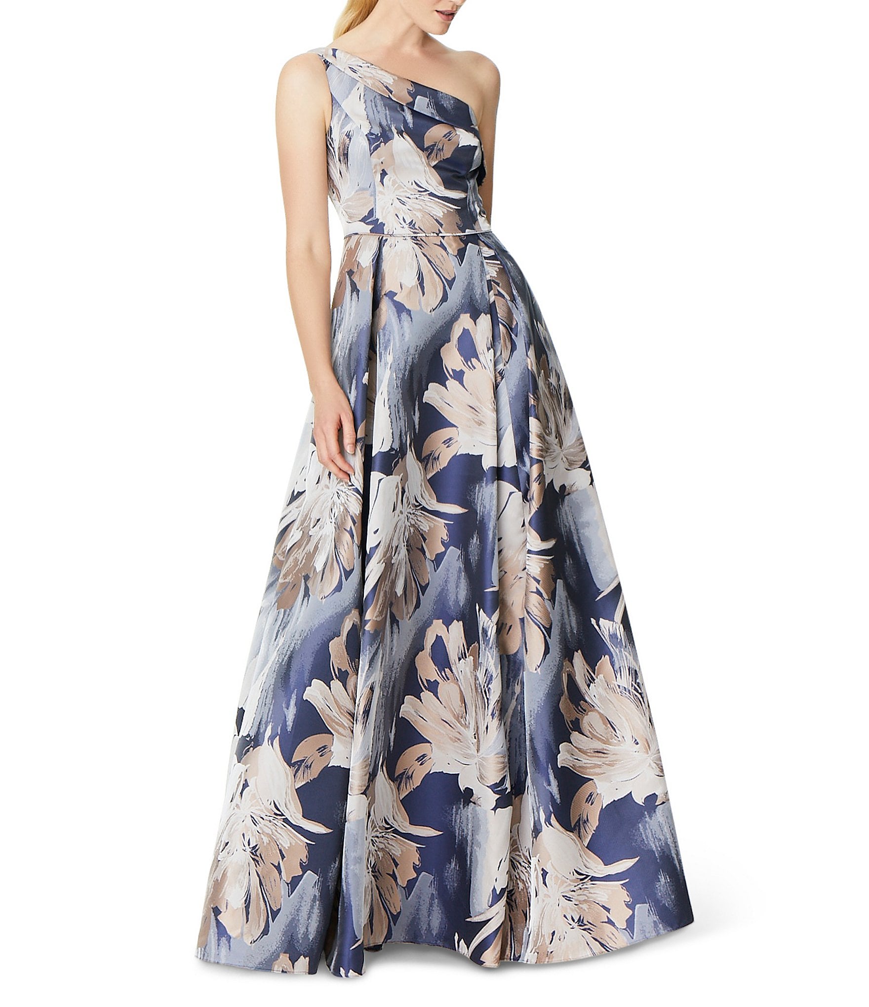 Aidan Mattox One Shoulder Sleeveless Metallic Floral Ball Gown | Dillard's