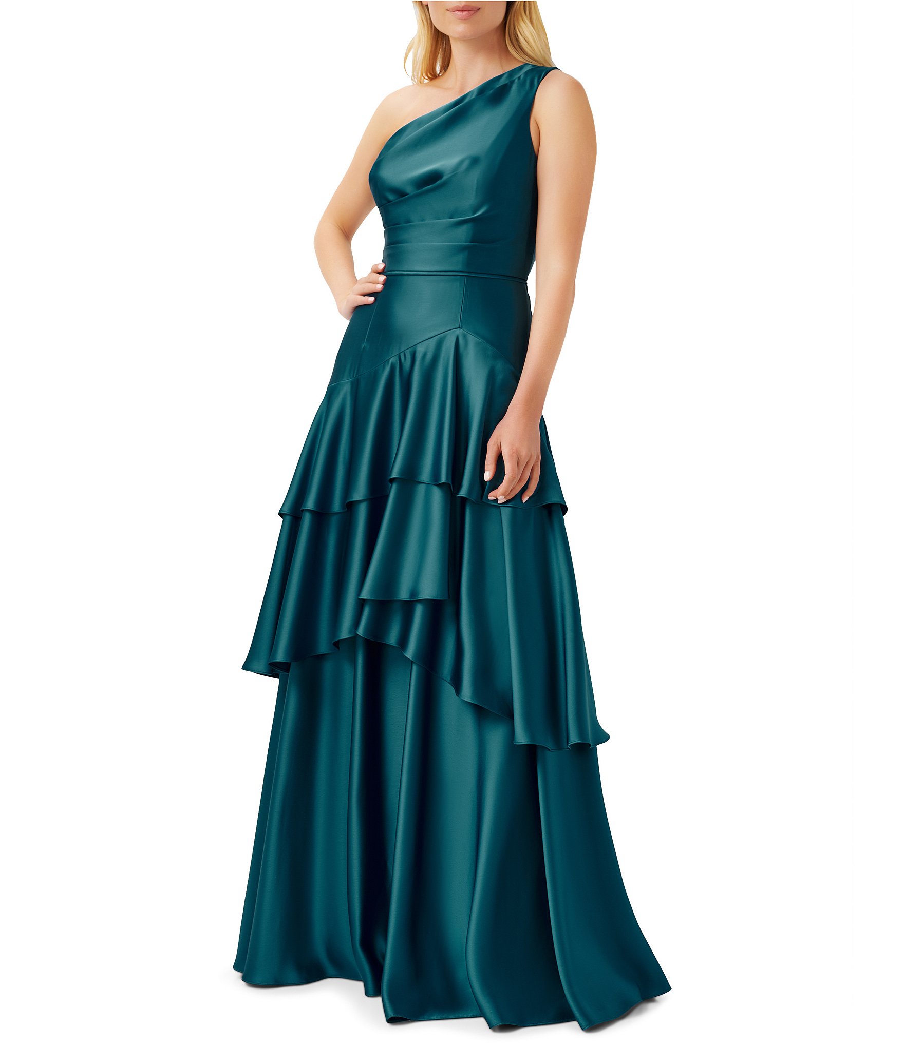 Aidan Mattox One Shoulder Tiered Ruffle Satin A-Line Gown