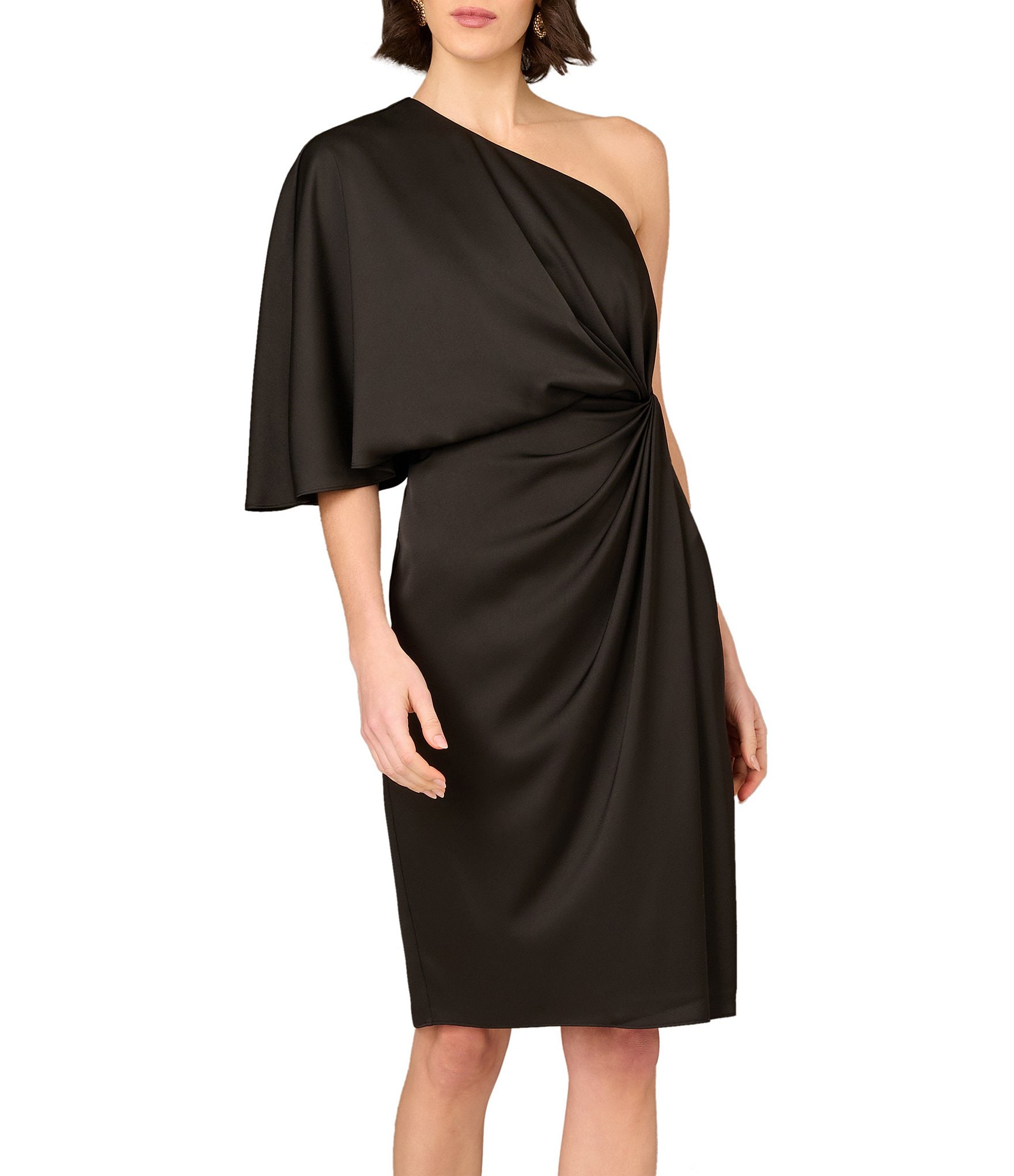 Aidan Mattox One Sleeve Twist Front Satin Blouson Dress