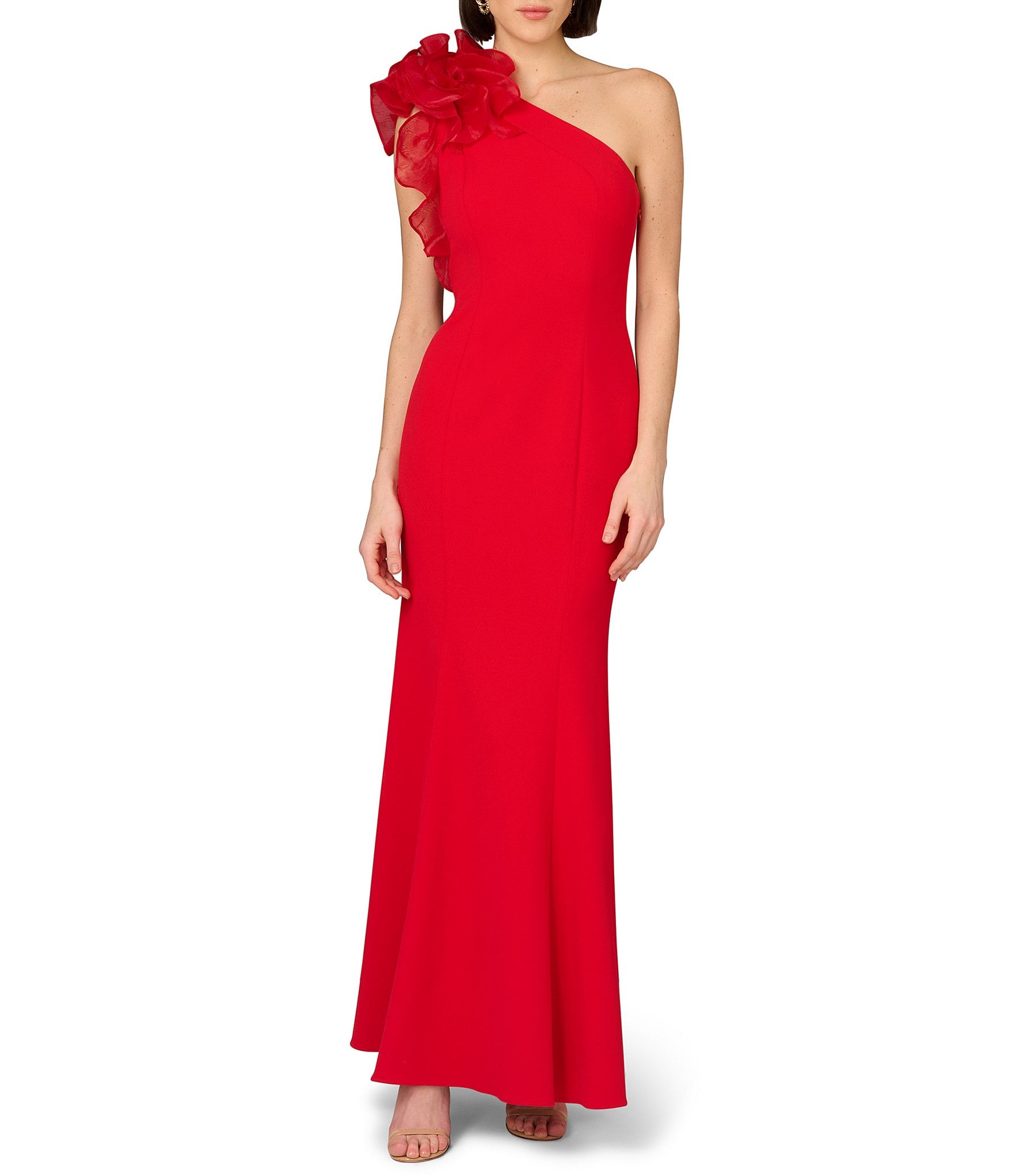 Aidan Mattox Organza Ruffle One-Shoulder Sleeveless Long Column Gown ...